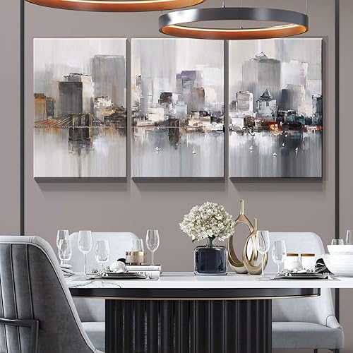 Miniatura 4 de Denozer - 3 paneles de impresiones artísticas en lienzo para pared, impresiones modernas de Nueva York, colorido paisaje urbano abstracto, cuadro de