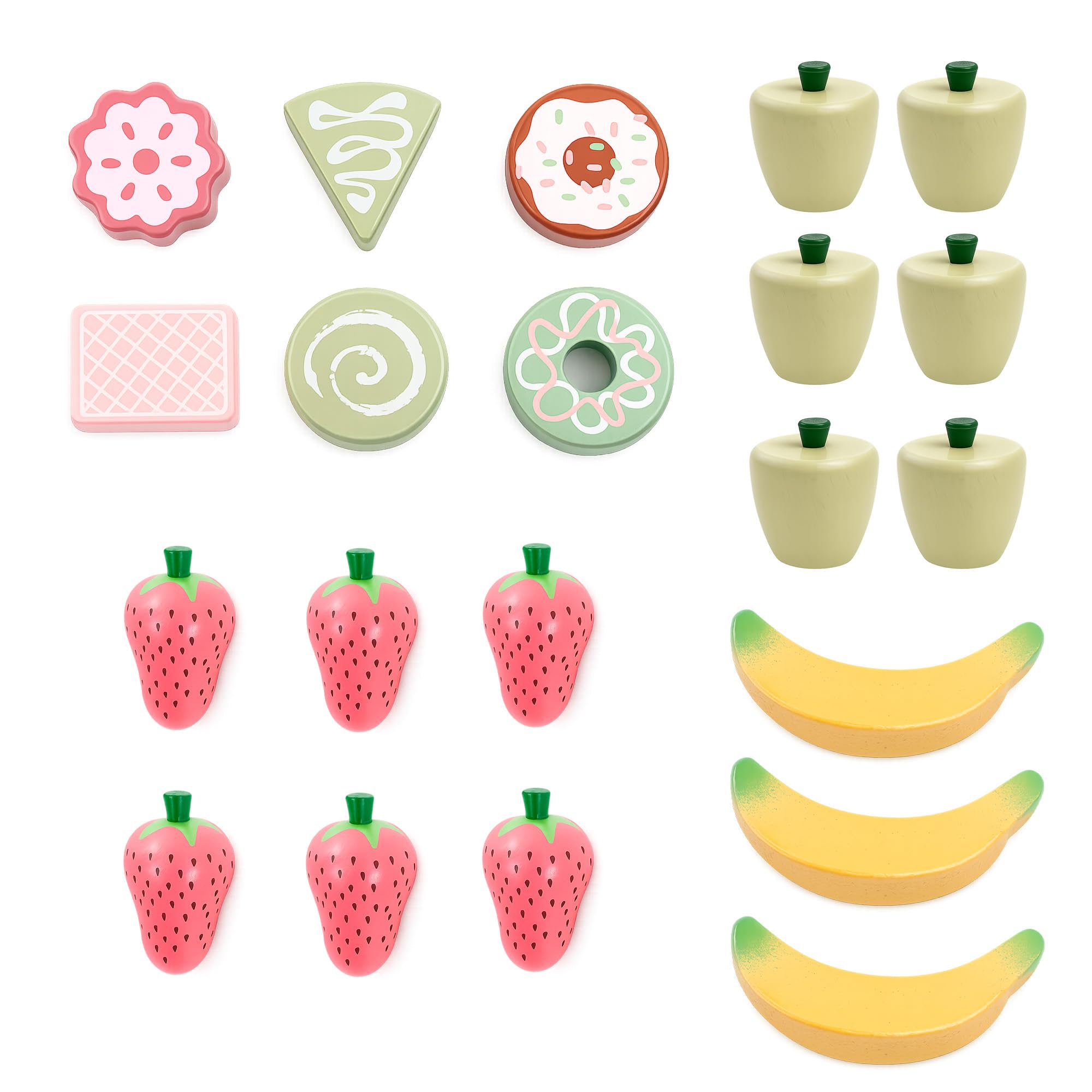 Mamabrum Holz Kinderladen Marktstand Zweistöckig Tragbar 24-Teiliges Set Obst und Dessert Rollenspiel Spielzeug für Kinder ab 24 Monaten, 17,9 x 32,0 x 27,4 cm