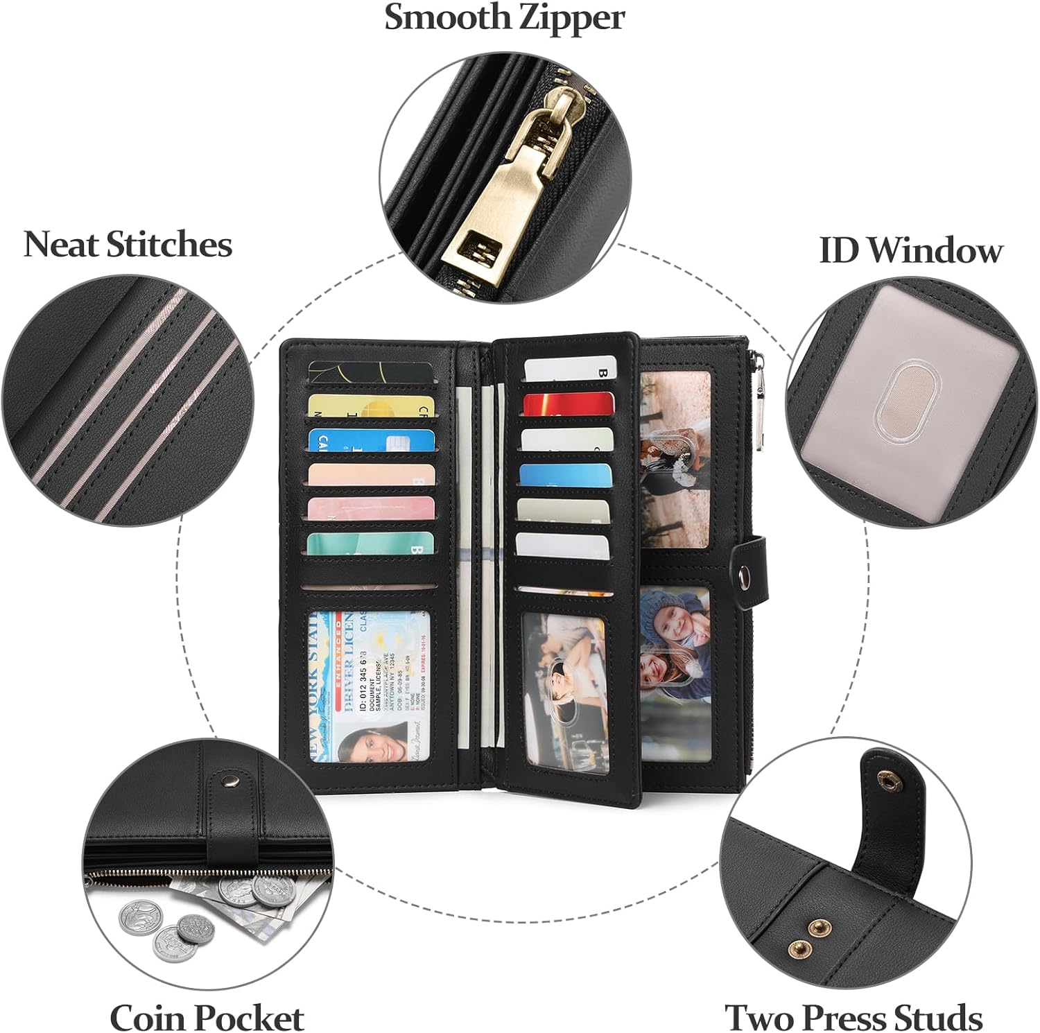 GAEKEAO Wallets for Women Leather RFID Blocking Large Capacity Card Case Ladies Wristlet Clutch Wallets Zipper Pocket with 4 ID Windows 20 Card Slots - Image 5