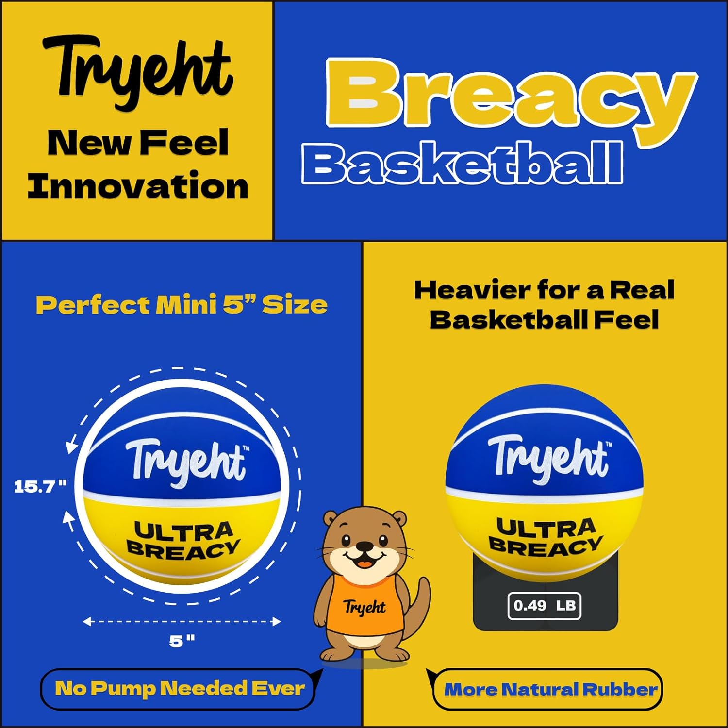 Mini Basketball, 5-Inch Self-Inflating Rubber Breacy Ball – No Pump Needed, High-Bounce for Indoor Mini Hoop & Outdoor Play, (Blue and Yellow)