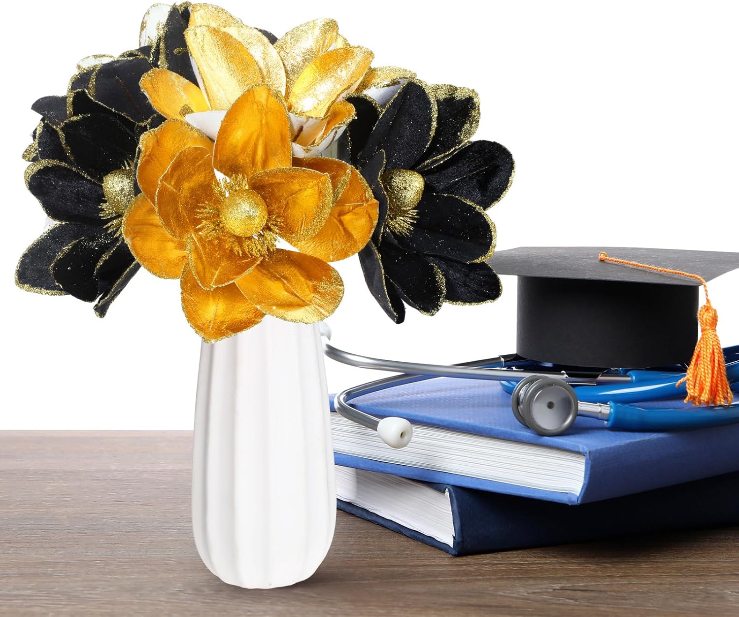 Giegxin 8 Pcs Glitter Black Gold Graduation Decorations Class of 2025 Flowers Black and Gold Centerpieces for Tables Artificial Magnolia Stems for College High School Grad Party Decor