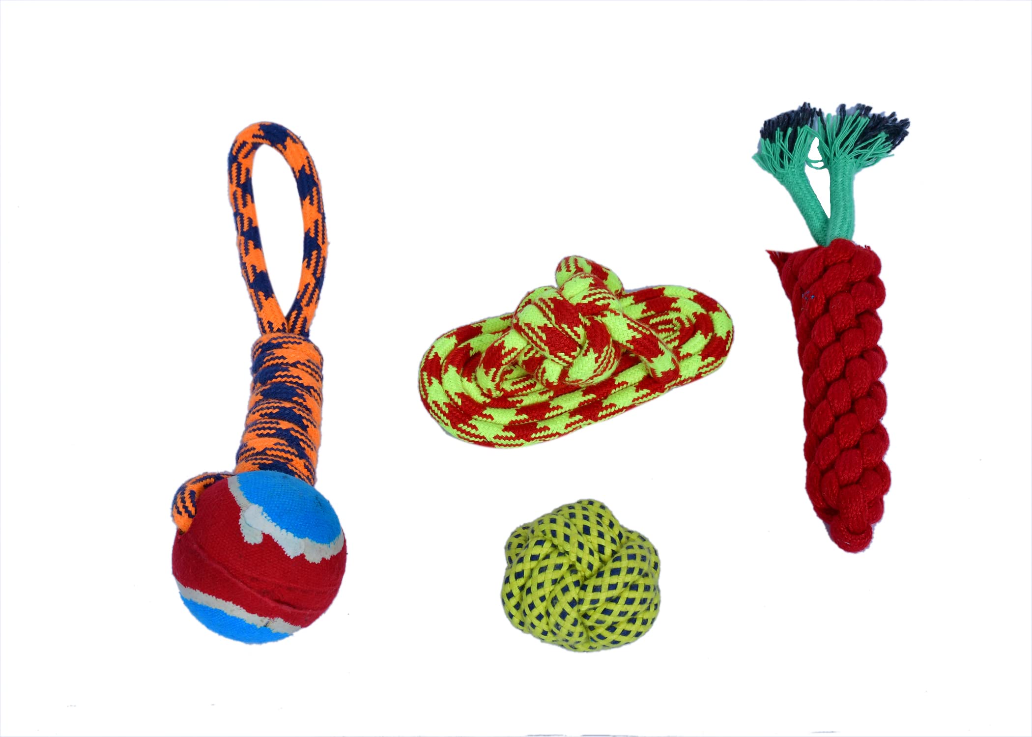 BARK N PURR Premium Strong Cotton Combo of 4 Durable Pet Teeth Cleaning Chewing Biting Knotted, Toy Sleeper Small Puppy Toys -100% Natural & Safe Cotton (Multicolour) 4 Pcs ( Pack of 1)