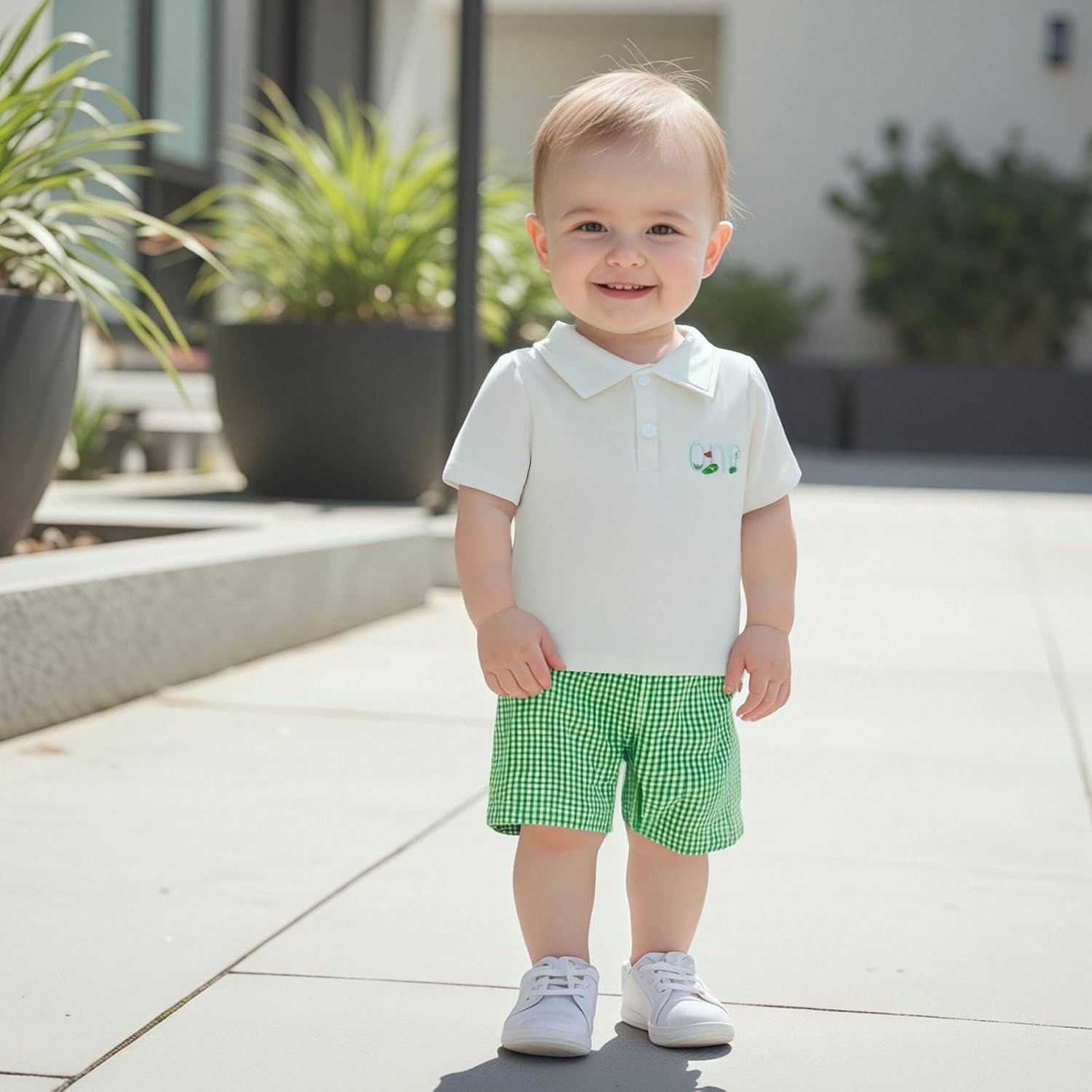 Baby Boy Frist Birthday Golf Outfit One Embroidery Short Sleeve Collared Shirt Plaid Shorts Set 1st Birthday Clothes