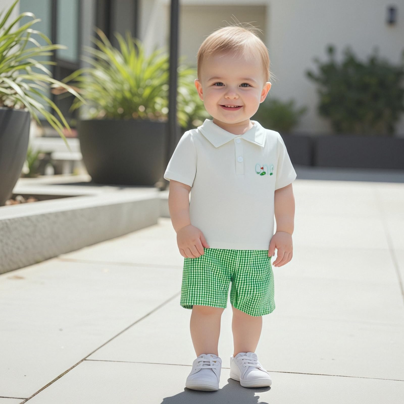 KtwHarnu Baby Boy Frist Birthday Outfit Golf One Embroidery Short Sleeve Lapel T-Shirt Plaid Shorts Set 1st Birthday Clothes (White, 6-12 Months)