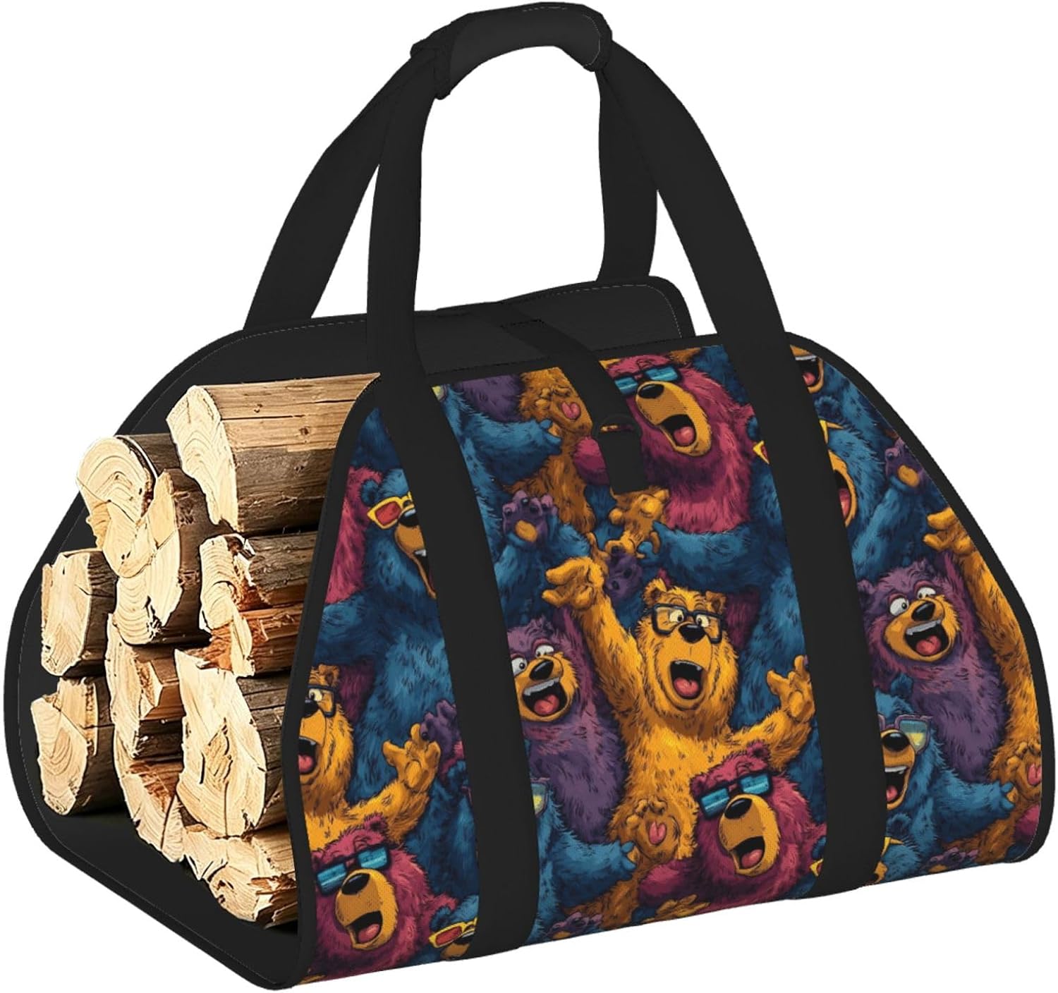 Funny Cartoon Bears For Large Firewood Carrier Bag With Handles Heavy Duty Log Tote For Indoor Outdoor Use