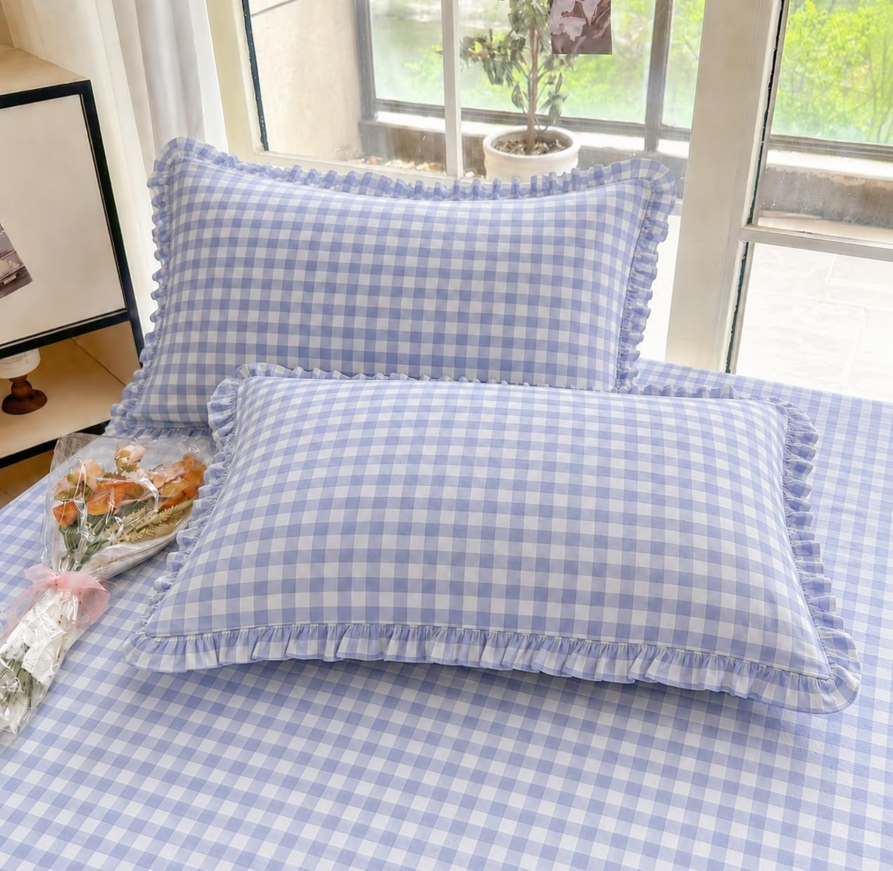 VOMZER Queen Size (60x78) 300 TC Soft Cotton Feel Microfiber All Around Elastic Fitted Double Bedsheet with 2 Frill Pillow Covers | Lavender Check