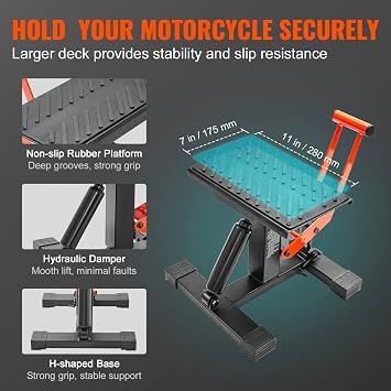 VEVOR Dirt Bike Lift Stand, Motorcycle Jack Lift Stand 440 lbs Capacity and Hydraulic Lift Operation, Adjustable Height Hoist Table, for Dirt Pit Bike Repair, Maintenance, Dirt Bike Accessories | For Dirt Pit Bike Repair, Maintenance, Dirt Bike Accessories, Hydraulic Lift Operation, with Height Adjustable Hoist Table