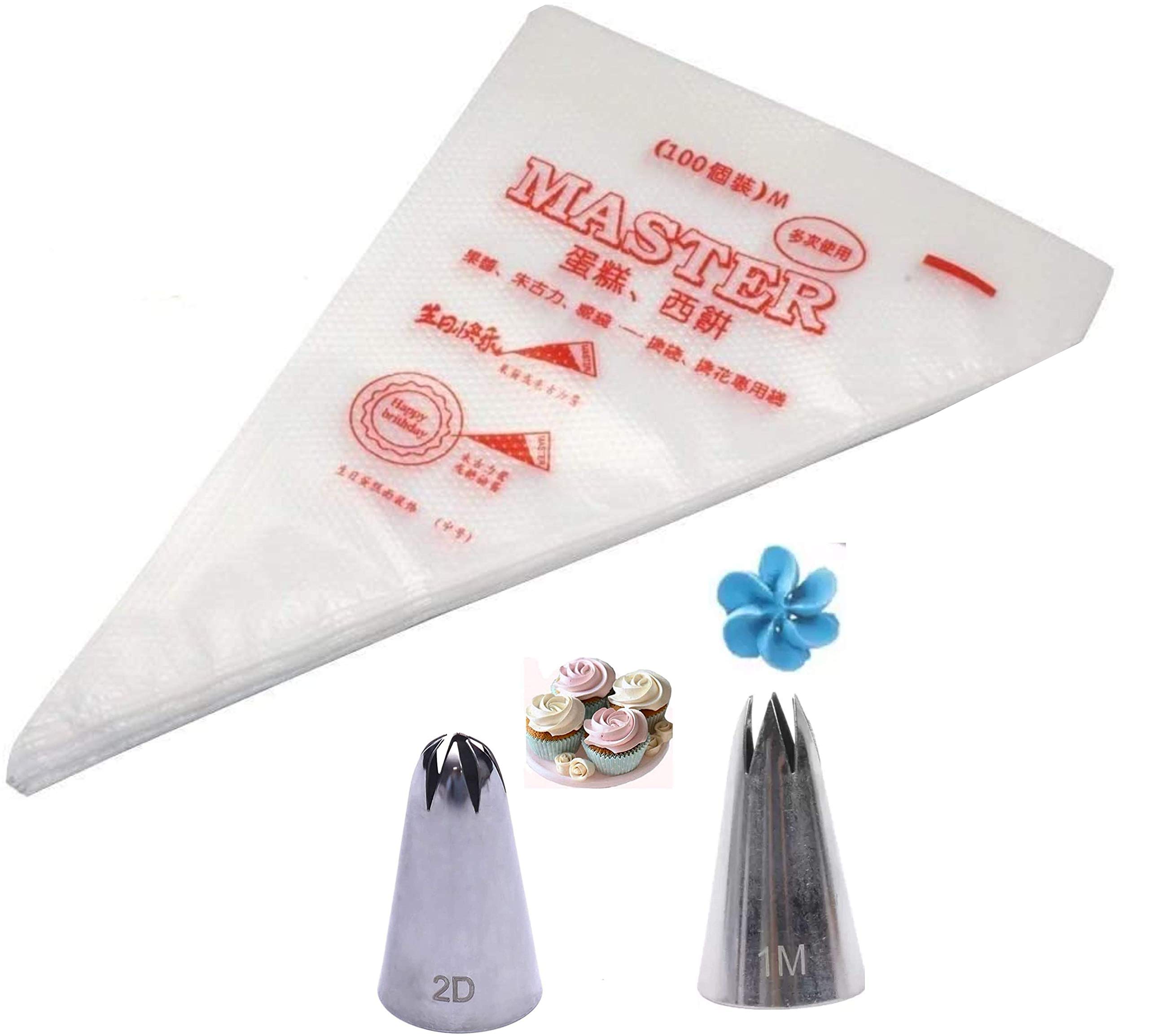 UTD Pastry Bag 100 Pcs Medium 12.5 Inch Disposable Pastry Decorating Bags, an 1M and 2D Big Size Cream Cake Icing Piping Nozzles Pastry Tips Fondant Cake Decorating Tip Stainless Steel Nozzle Baking