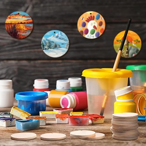 Miniatura 5 de Yulejo 50 piezas de 2 pulgadas de madera natural sin terminar círculos de madera redondos planos con agujero para colgar para bricolaje, discos de