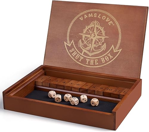 Miniatura 6 de VAMSLOVE Shut The Box - Juego de dados de madera para 2 jugadores en adelante, 12 números cierran la caja con 6 dados para niños, adultos y familia