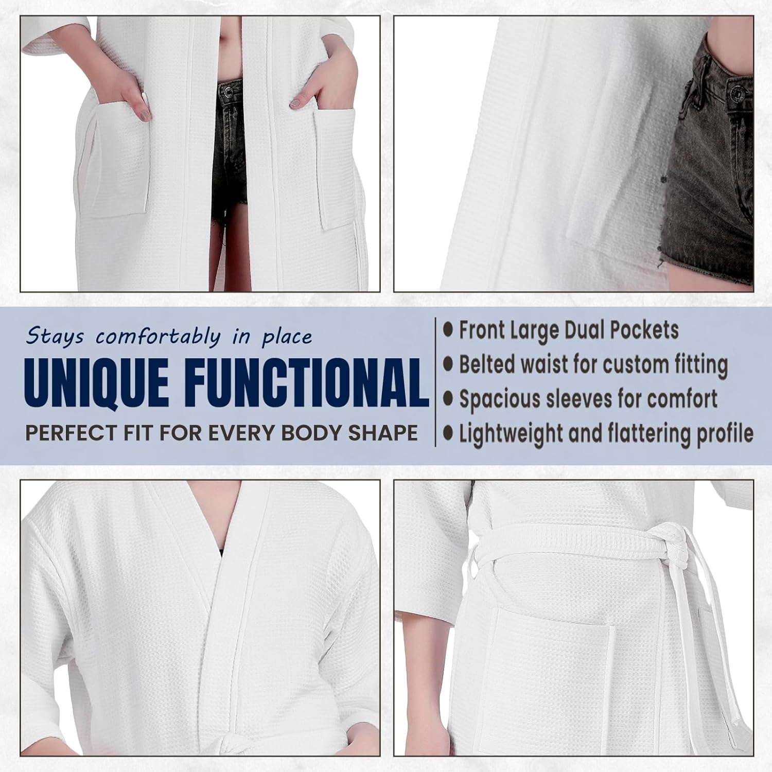ALLEN & MATE 100% Cotton Women's Short Robe Dual Fabric Waffle Outside & Terry Towel Inside Kimono Bathrobe Medium Weight