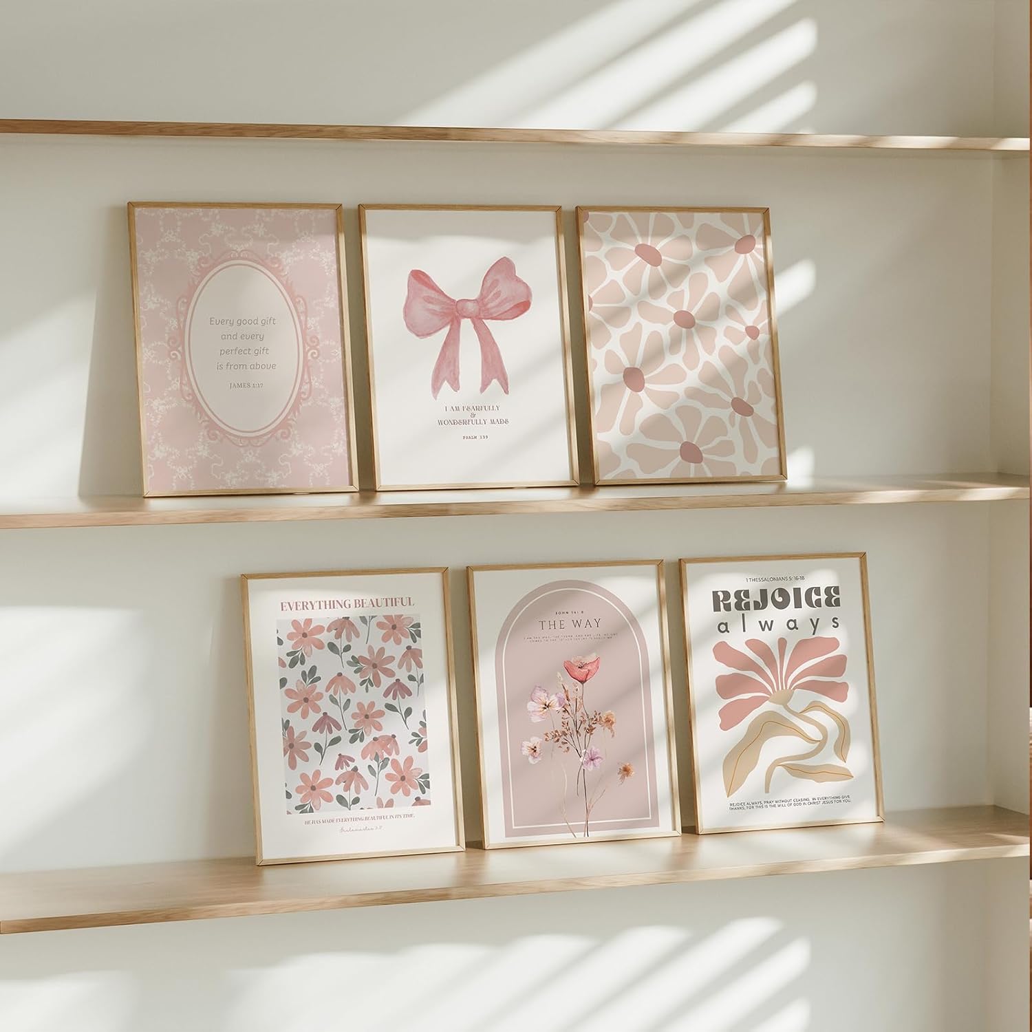 QQG Christian Wall Art Prints Set of 6 Pink Bible Verses Pictures Wall Decor Boho Floral Scripture Gallery Prints Girly Coquette Bow Aesthetic Posters for Bedroom Dorm Apartment Unframed 12x16in
