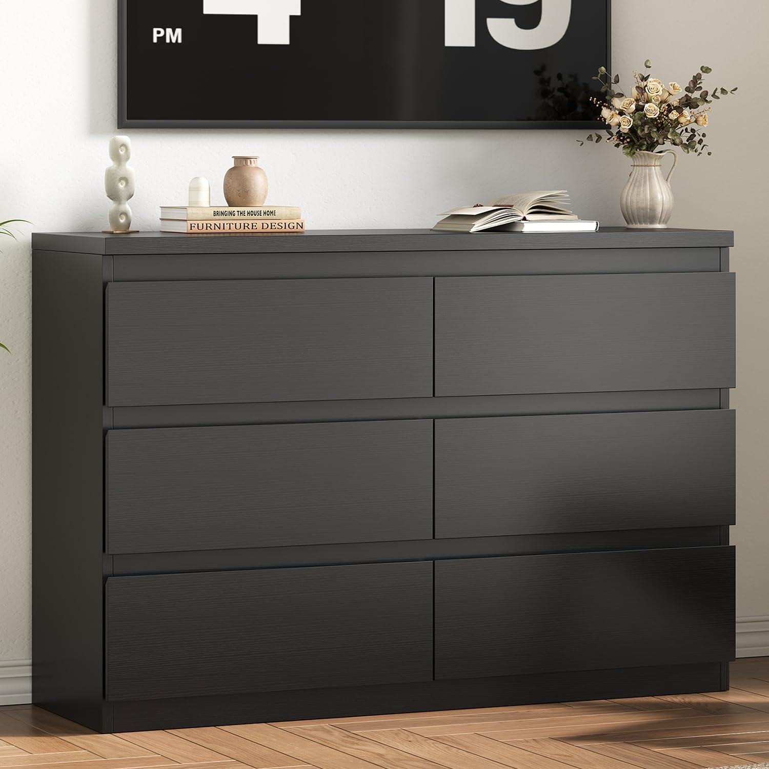 JOCOEVOL Modern Black 6 Drawer Dresser for Bedroom - Wood Chest of Drawers with Metal Rails, Anti-Tip Kit, Spacious Storage
