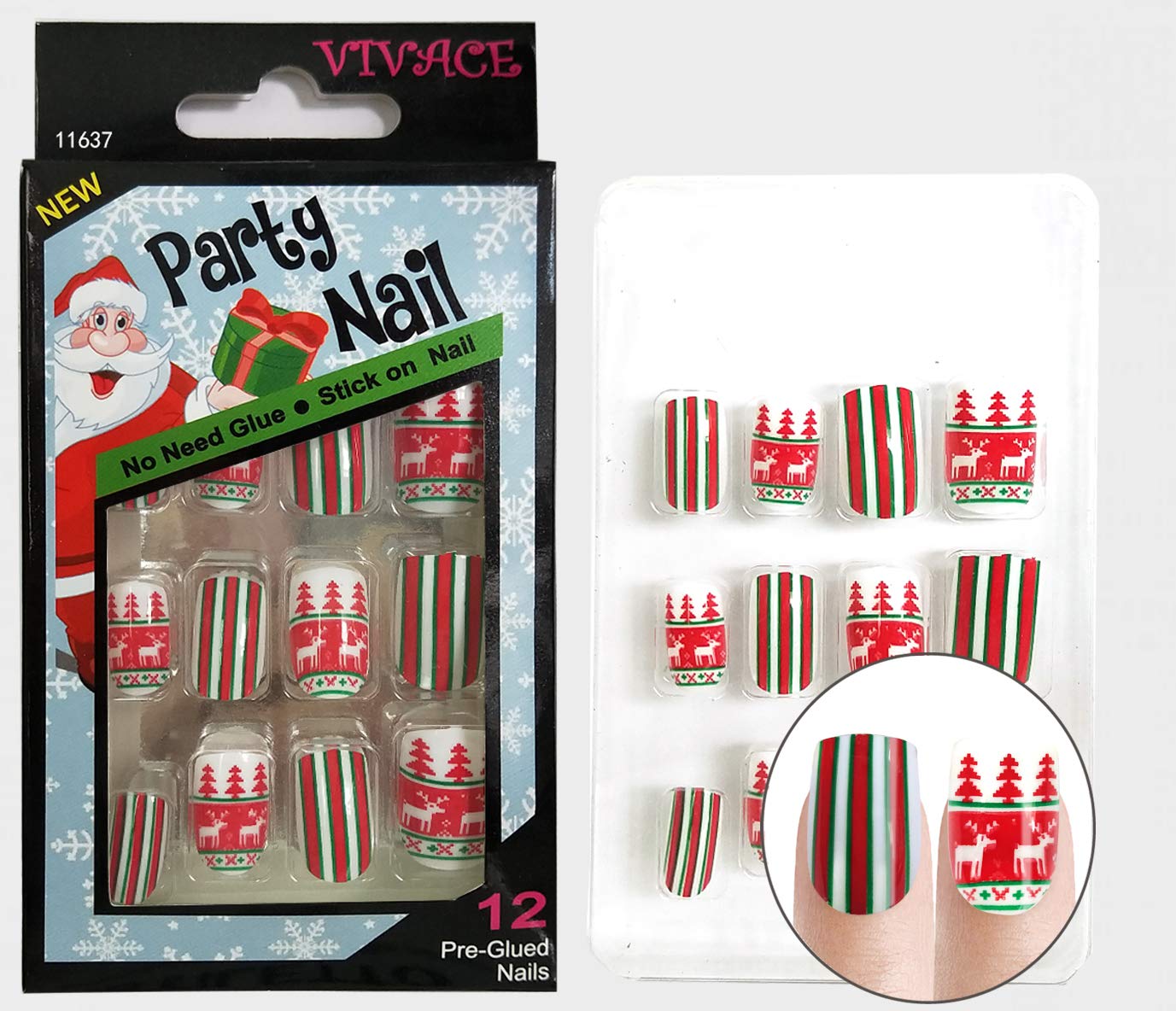 Vivace 5Pack 60tips Press On Christmas Novelty Nails, Sticker Nails (Tree)