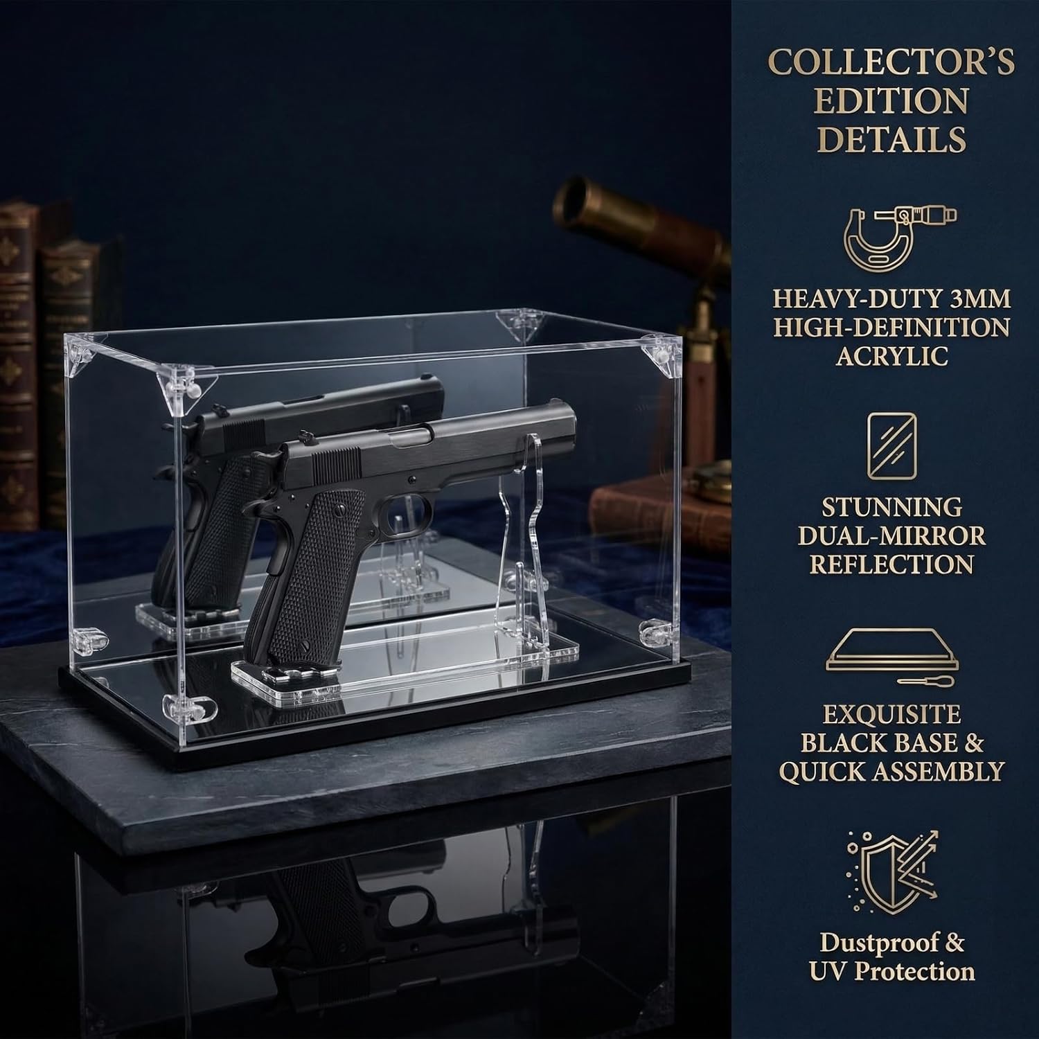 Premium Acrylic Pistol Display Case with Dual Mirrors - UV Protection & Dustproof Handgun Showcase with Adjustable Stand & Sleek Black Base, Universal Fit for Most Pistol Models (11.6x4.5x7 Inch)