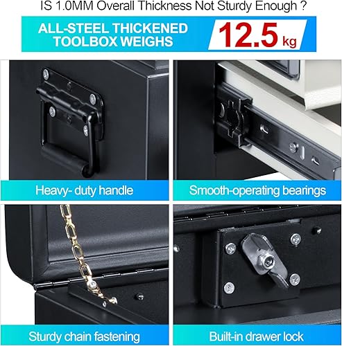 Miniatura 4 de Caja de herramientas de metal portátil de 3 cajones de 22 pulgadas, caja de herramientas resistente con sistema de doble bloqueo y cerradura