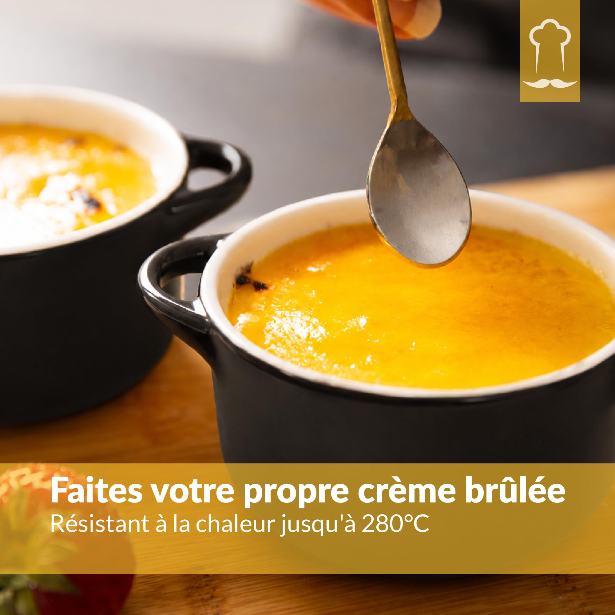 Chefarone 4 Ramequins en Céramique avec Couvercle – Noir – Crème Brûlée