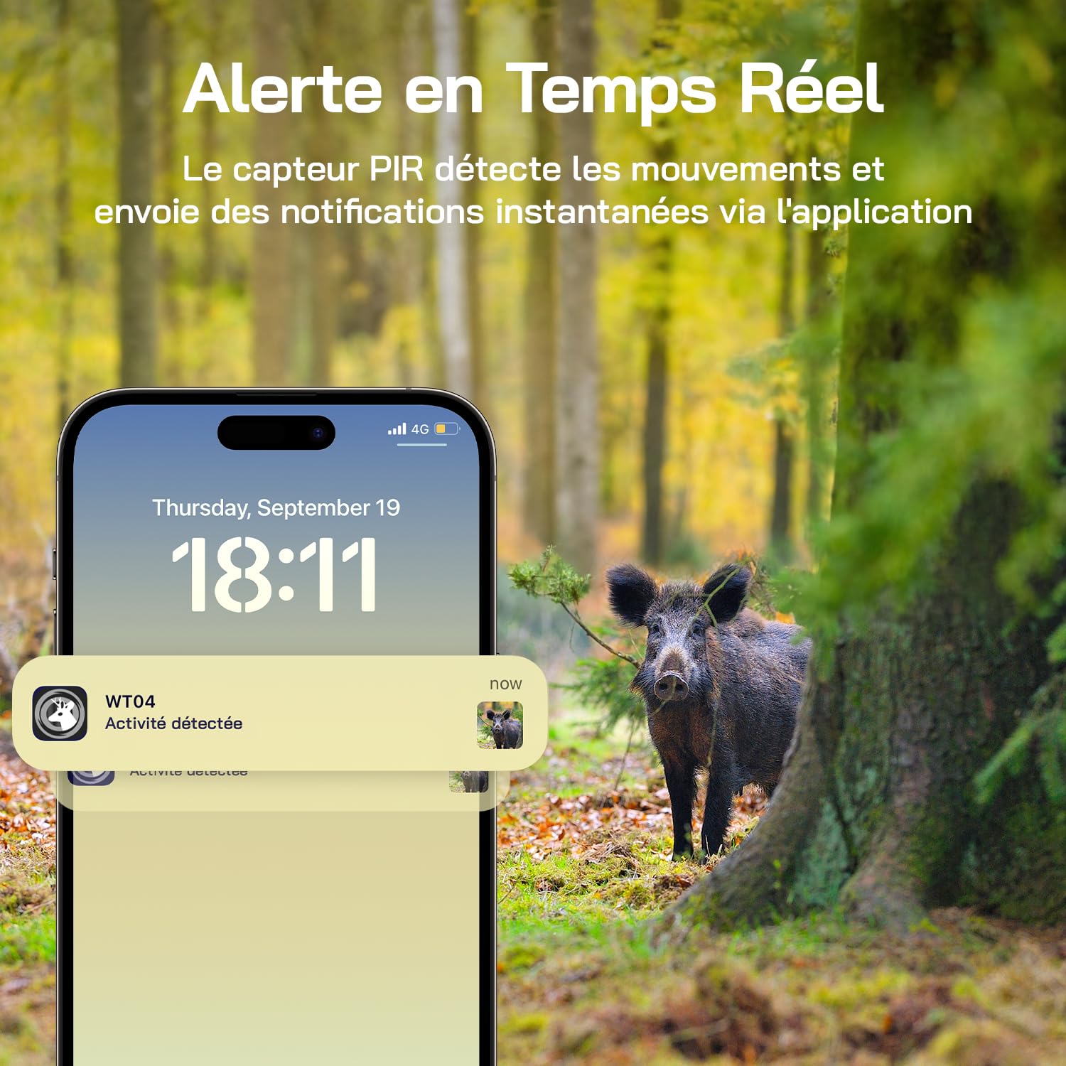 WOLFANG 4G Caméra de Chasse Solaire Extérieure avec Carte SIM, 2.5K Caméra Surveillance sur Batterie avec Détecter l'alarme, Vision Nocturne, IP66 Etanche, Audio Bidirectionnel, Noir