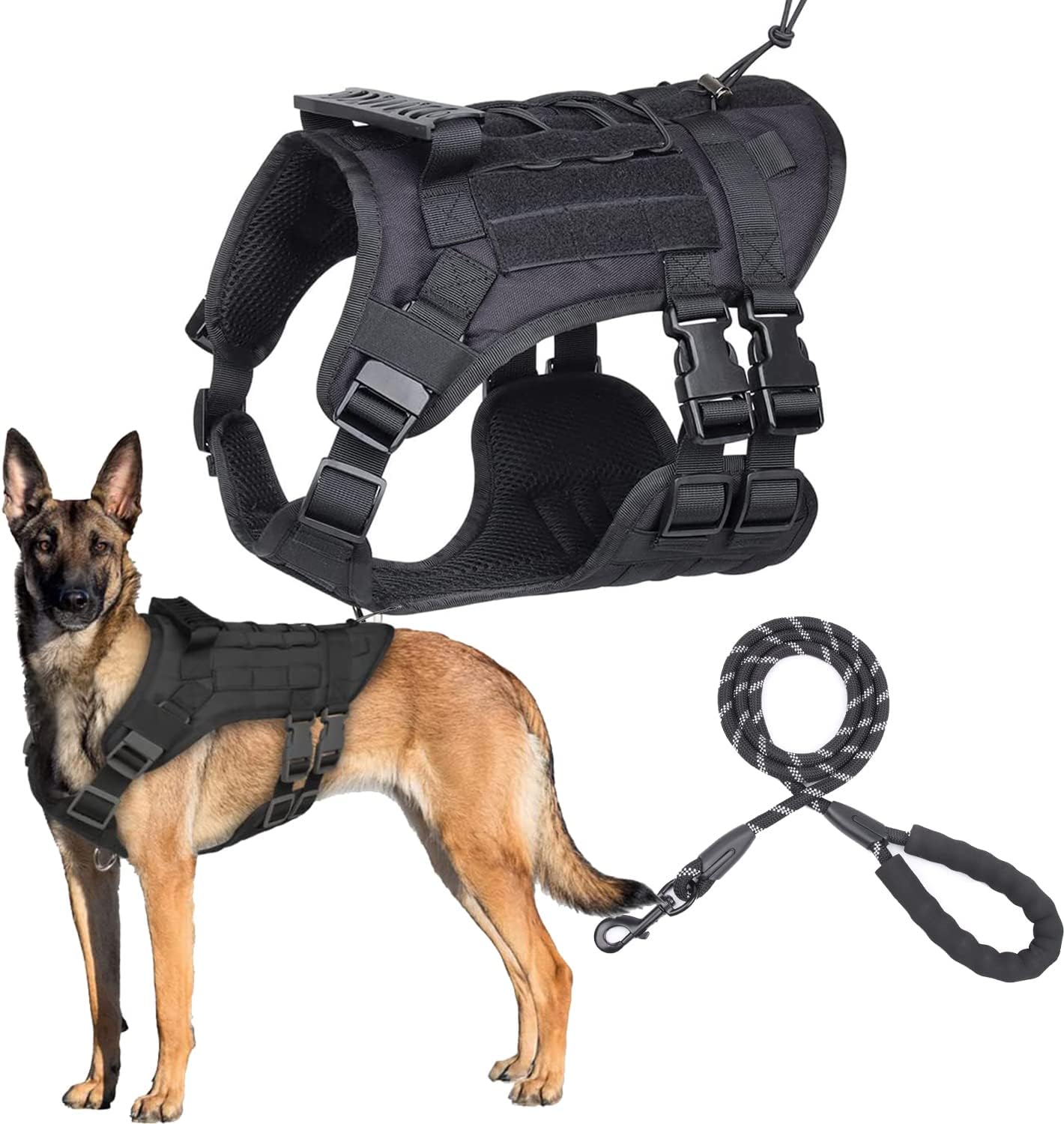 Mofish Tactical Dog Harness Military with Handle 2X Metal Buckle and Reflective Dog Leash, Adjustable No Pull Vest with Molle & Loop Panels for Medium Large DogsTraining Walking Hunting (M)