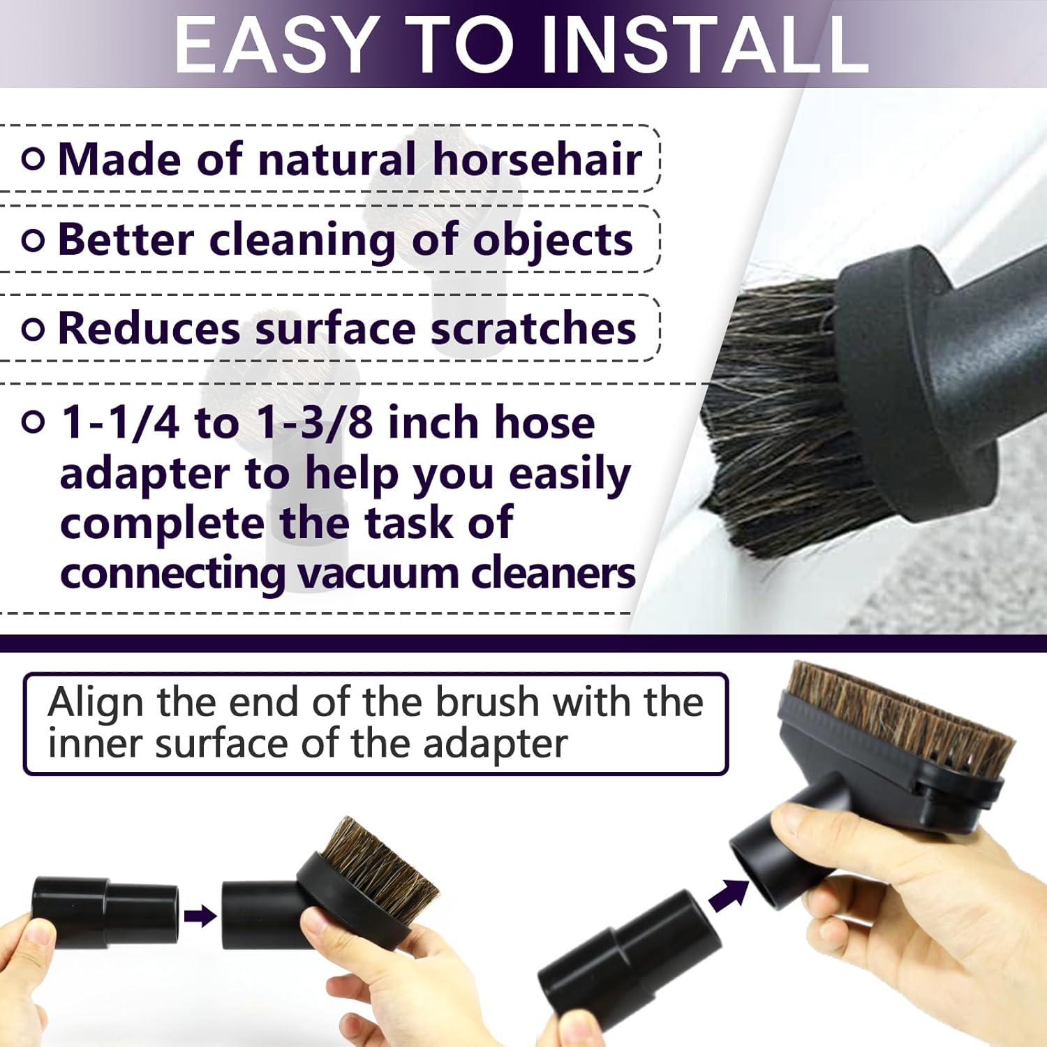 5PCS Horse Hair Brush Vacuum Attachment Set - Black Round Vacuum Attachments & Brushes - 5.9 In Long Floor Brush & Shop Vac Brush Attachment - 1 1/4" Vacuum Cleaner Adapter Included
