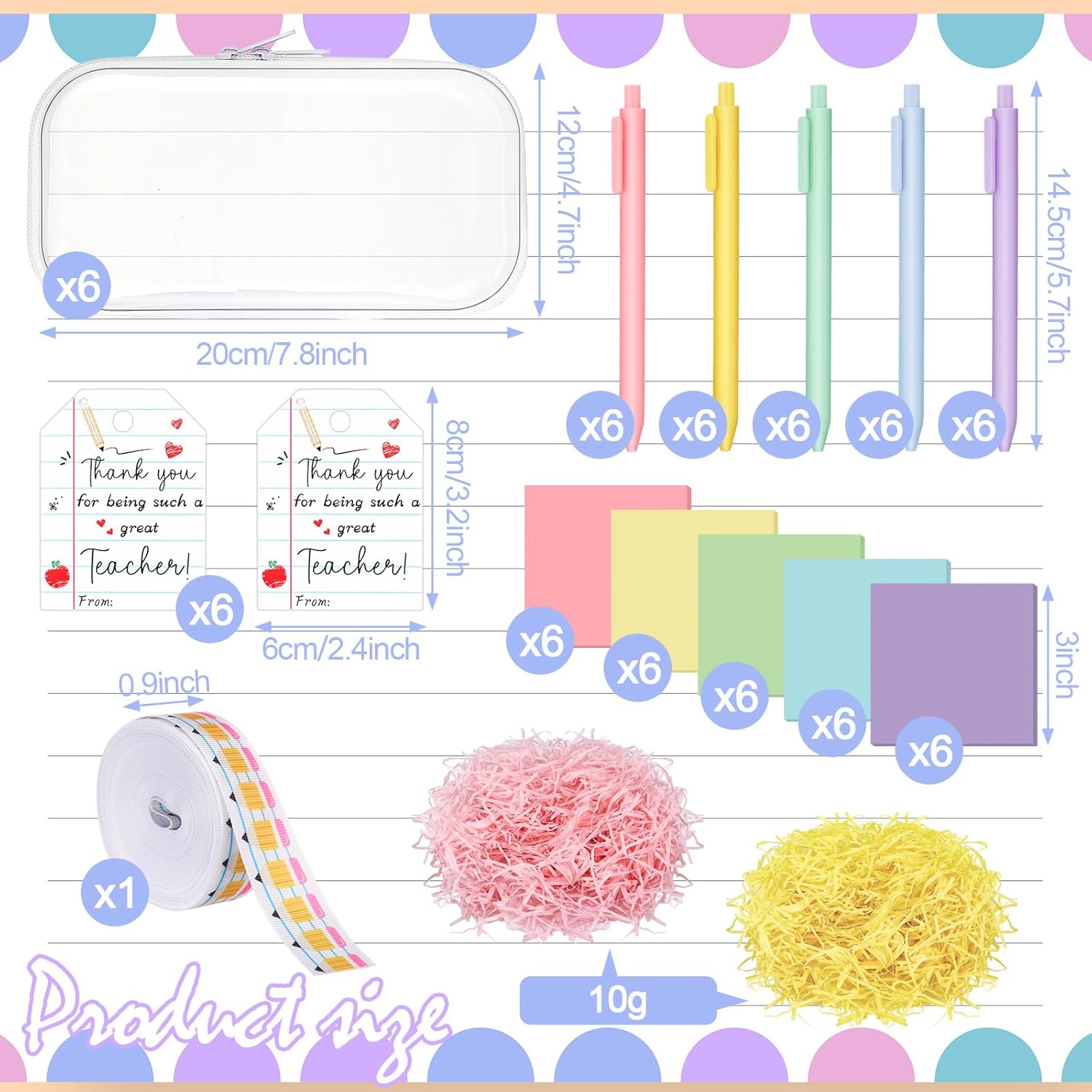 Motiskyy 6 Sets/75 Pcs Teacher Appreciation Gifts Idea Set Clear Hard Case Zipper Pouch Pastel Ballpoint Pens & Sticky Notes Pink and Yellow Raffia Adorable Printed Pencil Ribbons with Thank You Cards