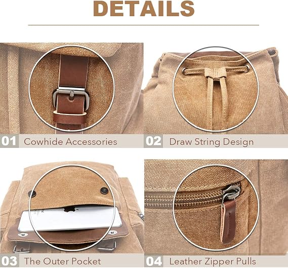 Canvas Backpack Vintage Rucksack Schoolbag for Laptop Daypack Hiking Travel Large Capacity Bag Unisex (Khaki)