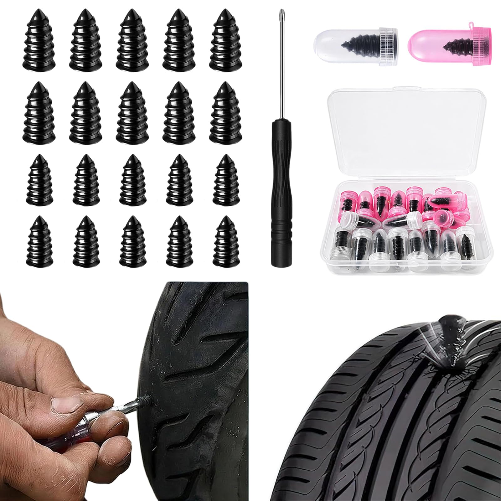 UMEGMBX 20 PCS Tire Repair Rubber Nails Kit with 2 Sizes,Tyre Repair Kit Rubber Nails with Box and Screwdriver,Car Puncture Repair Kits,Tyre Puncture Repair Kits for Trucks Motorcycles Cars