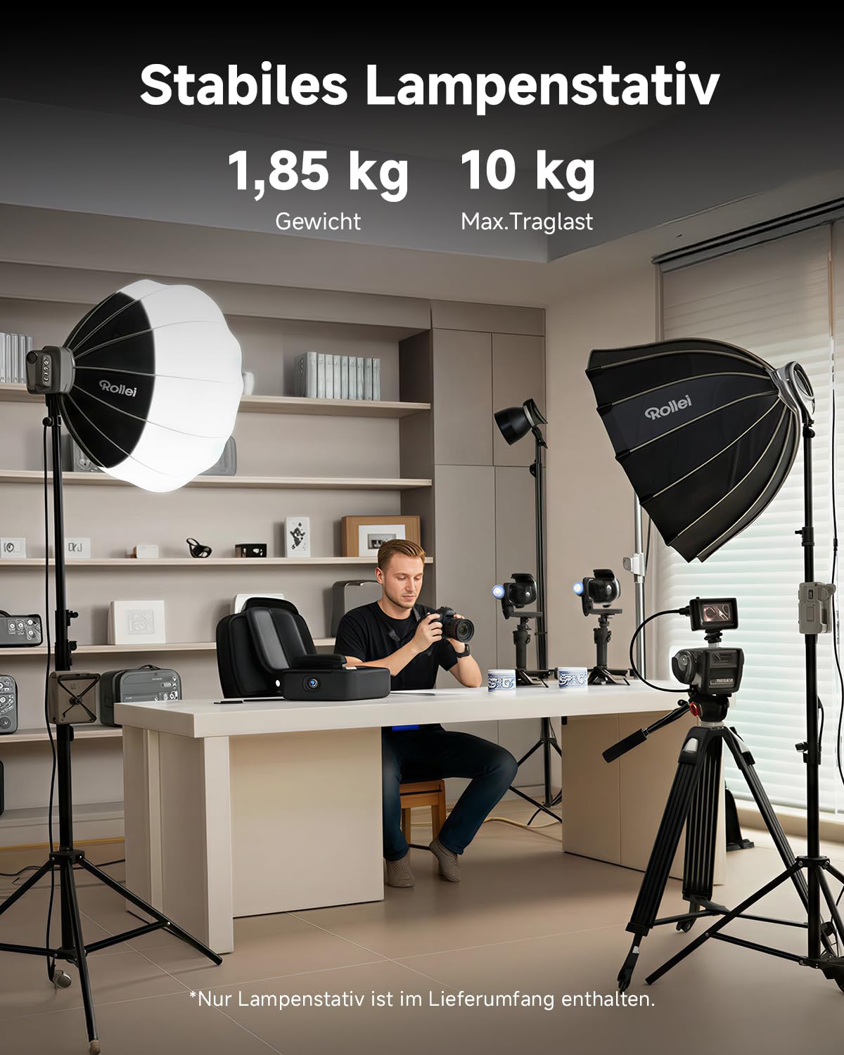 Rollei Pro Flash Stand 285 cm - Treppiedi per lampada professionale 285 cm – Treppiedi per lampada in alluminio robusto per flash da studio, Altezza regolabile tra 125 e 285 cm - Nero