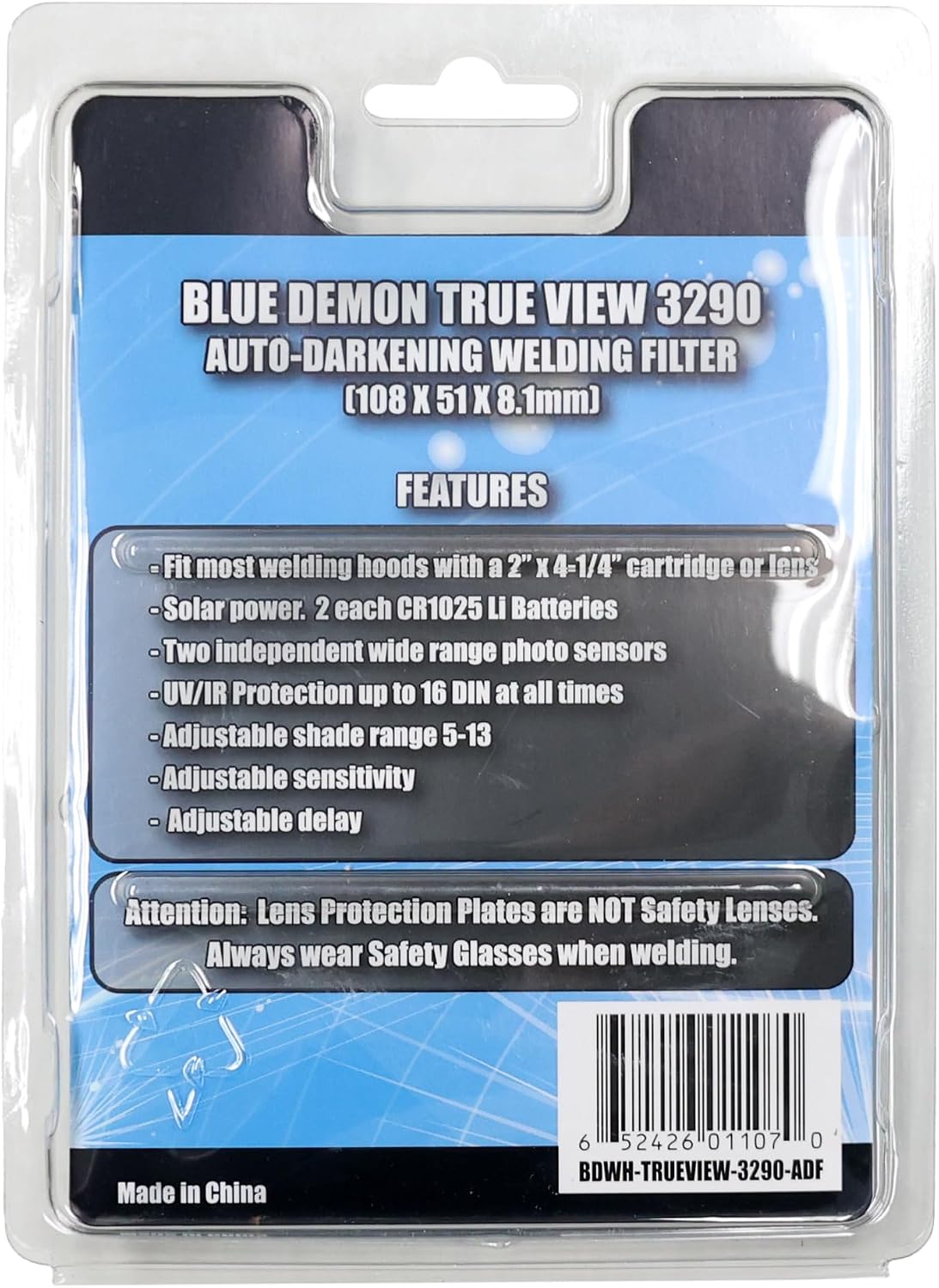 Blue Demon True View Realistic Color Auto Darkening Variable Shade Drop In Solar Powered Rechargeable Welding Hood Filter for 2 x 4.25 Inch Hoods