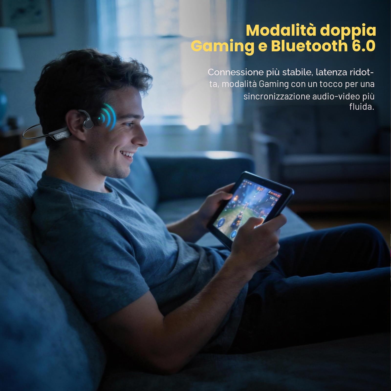 Cuffie Conduzione Ossea Bluetooth 6.0 Cuffie Open Ear Wireless, Auricolari Bluetooth Suono Dual Driver, Display LED, Connessione Doppio Dispositivo e Modalità Gaming, 12 Ore, IP67 per Corsa/Ciclismo