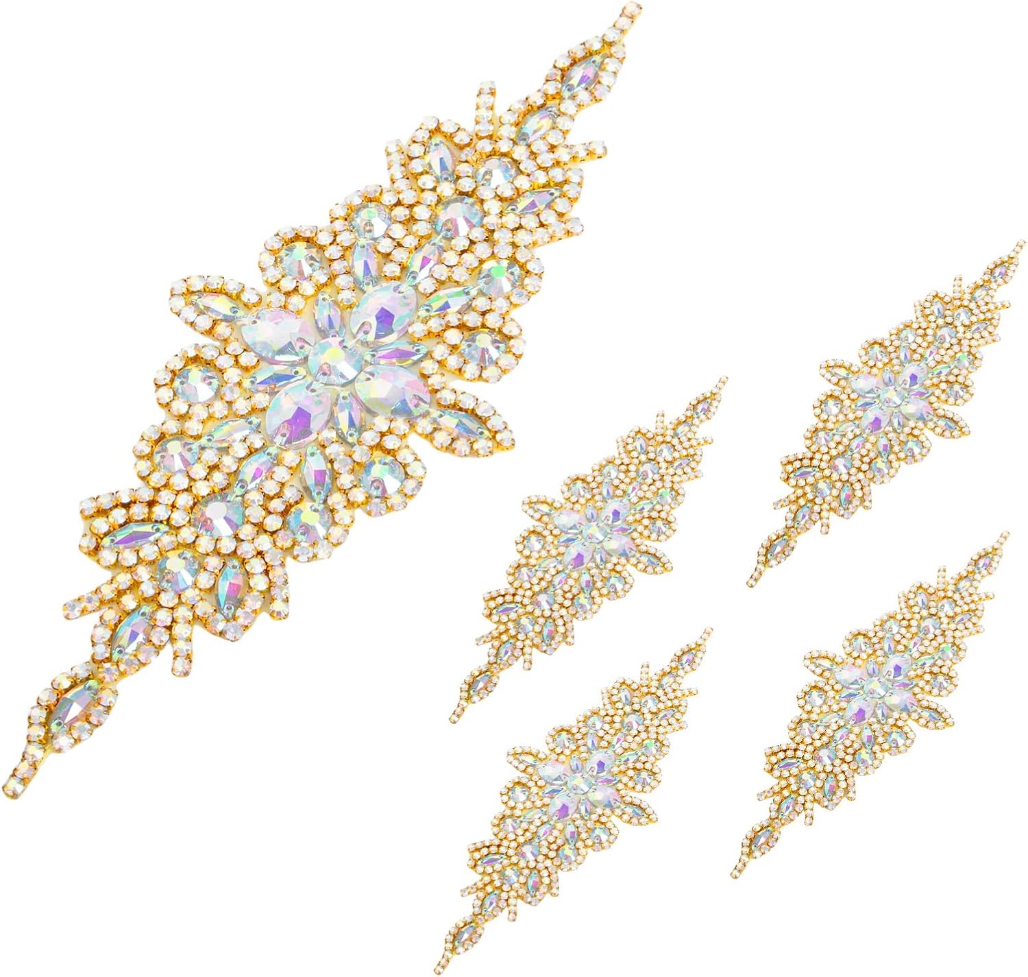 ShiDianYi Rhinestone Belt for Dress, Ab Gold Rhinestones Appliques Wedding Belts Bridal Sashes Head,Waist Decoration,Crystal Ribbon Sash Rhinestone-Embellishments （5 Packs, Ab Golden）