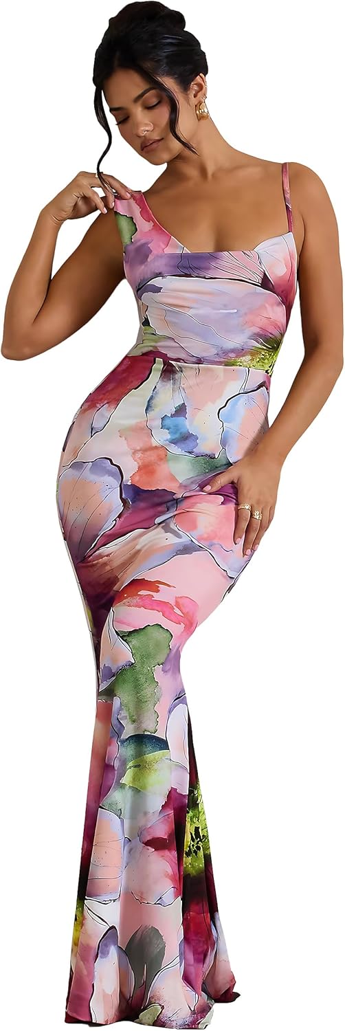 Bodycon Dresses for Women Sexy Strap Shoulder Asymmetric Cowl Neck Backless Slim Long Elegant Party Maxi Dress