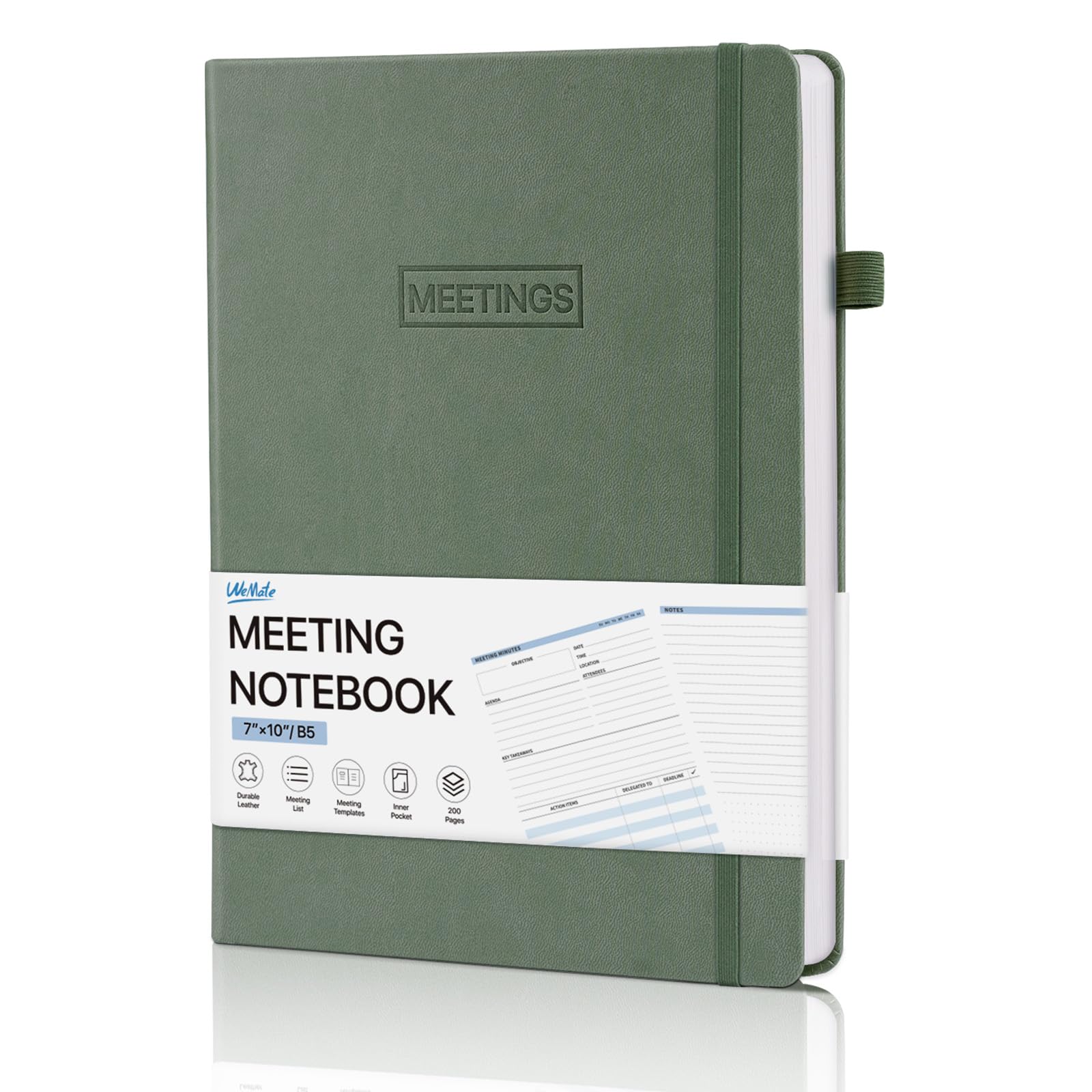 WEMATEHardcover Meeting Notebook, B5 Work Planner Notebook With Action Items, Easily Take Meeting Notes & Keep Agendas on Track, Calender, Index Page, Inner Pocket, 7×10 Inch, Olive Green