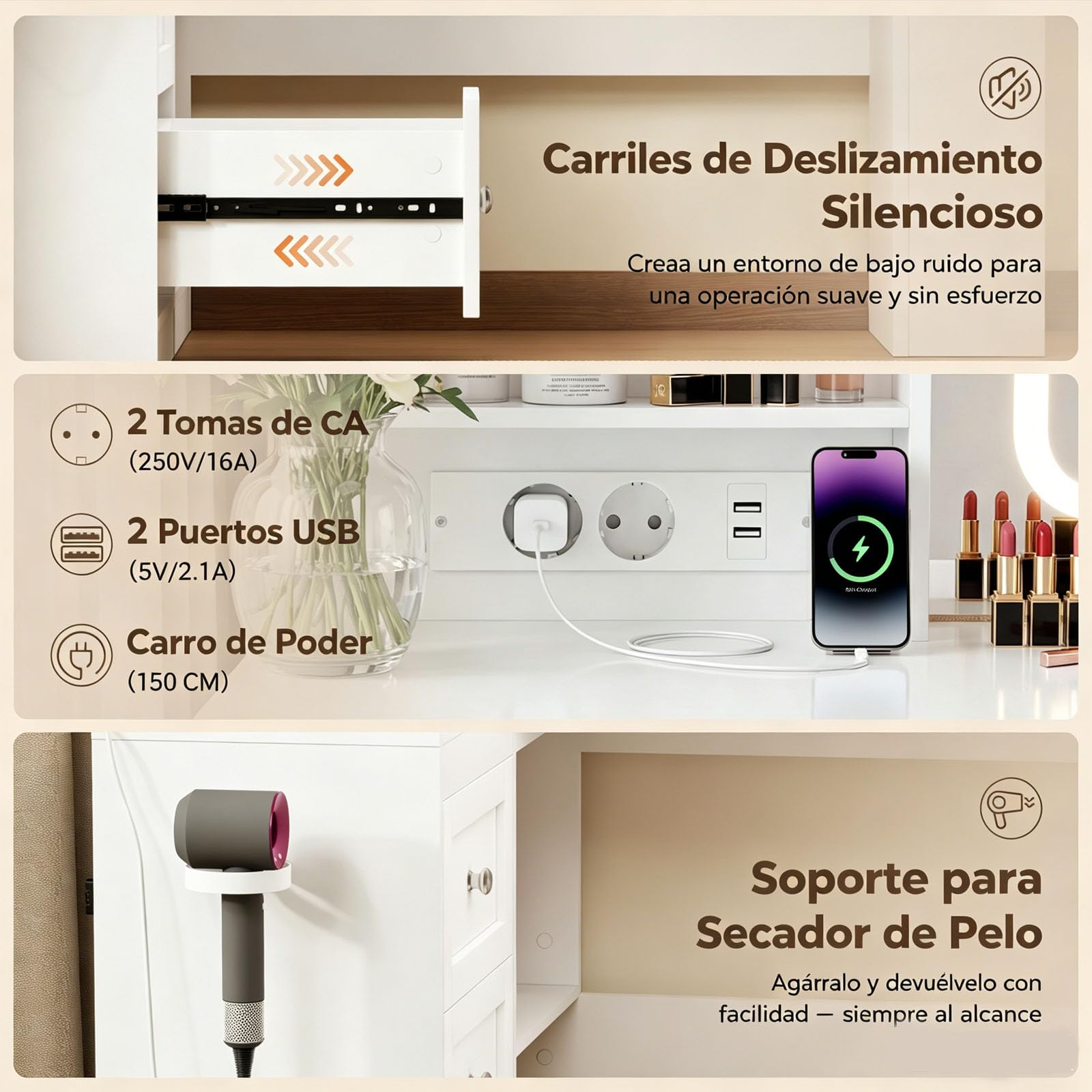 YOUDENOVA Tocador de Maquillaje Grande con Luz y Enchufes, Color y Brillo Ajustables, 86 x 61 CM Espejo con 3 Estantes y 3 Cajones, Mesa Maquillaje con 4 Compartimentos Moderno, 120x80x136cm, Blanco