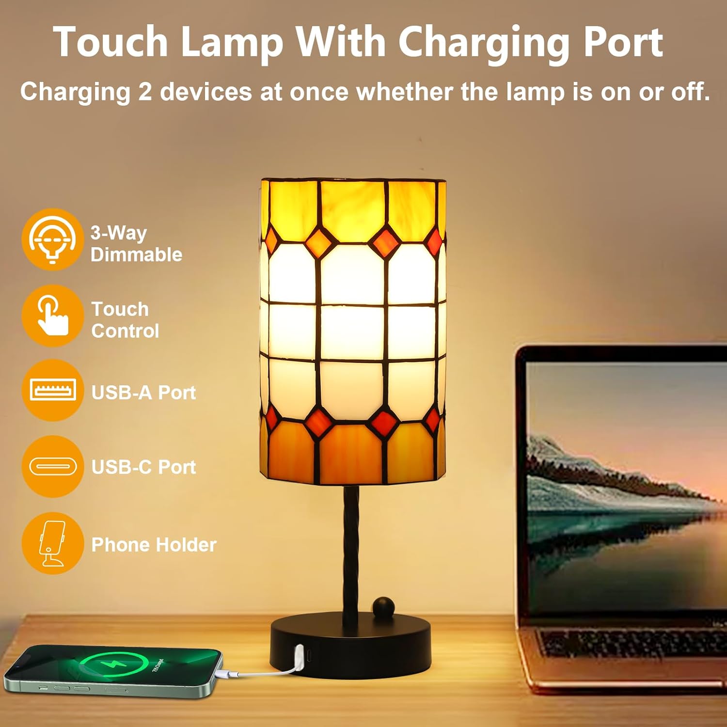 Tiffany Touch Table Lamps, 3 Way Dimmable Tiffany Lamp Set of 2 with Bulbs & USB Charging Port, Stained Glass Lamp for Nightstand, Vintage Desk Lamp for Bedroom, Small Bedside Lamps