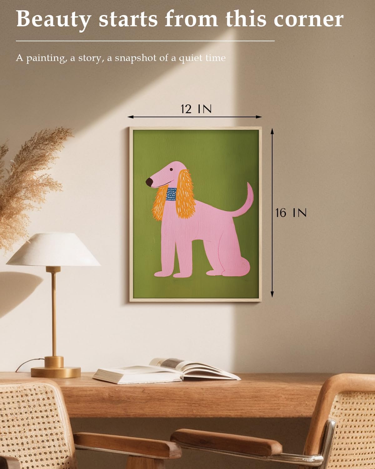 Pink Dog Framed Canvas Wall Art 12x16, Metal Frame Afghan Hound Dog Illustration, Cute Modern Stylish Animal Artwork, Living Room Bedroom Kids Room Playroom Entryway Home Decor Pet Lover Gifts