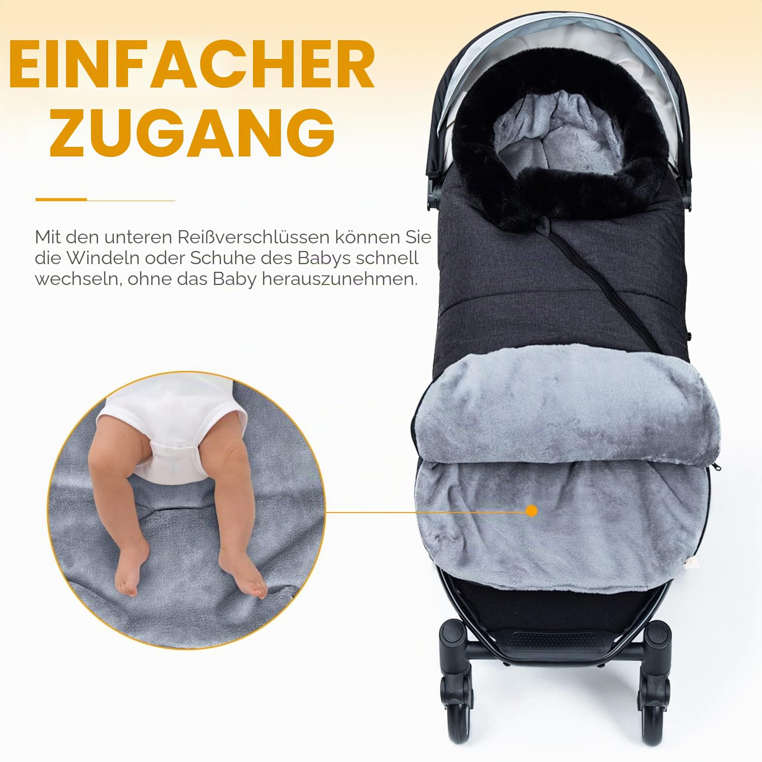 Orzbow Universelle Fußsack Kinderwagen Winter, Einstellbare Fußsack Buggy mit Zwei-Wege-Reißverschluss, Warm Fusssack Baby mit Pelzkragen, Waschbar, Abnehmbar, Dunkelgrau