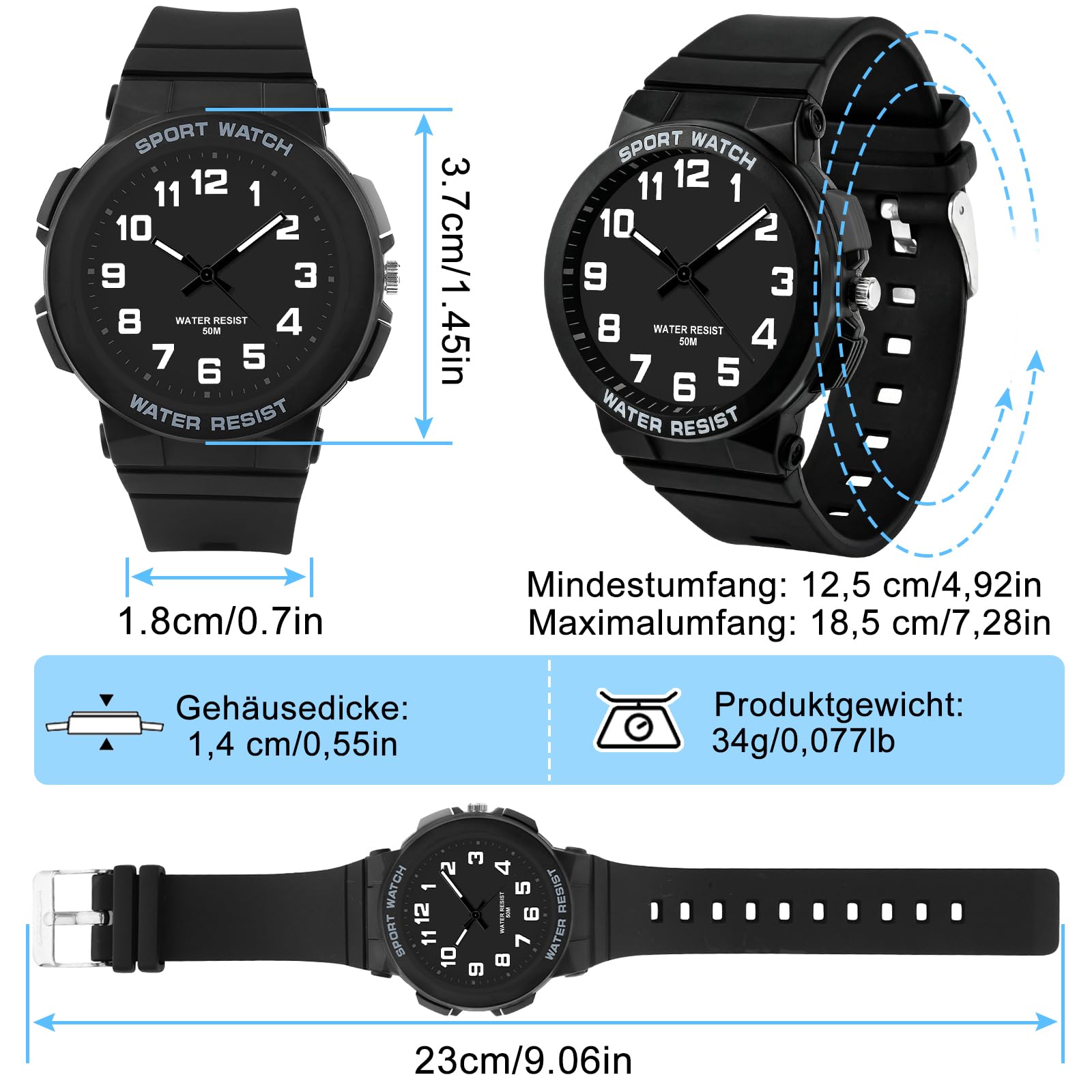 Orologio Bambino per Ragazzi Ragazze,Orologio Analogico Bambini al Quarzo Impermeabile 50M con Luce per Bambino Junior da 4 a 16 Anni (Nero)