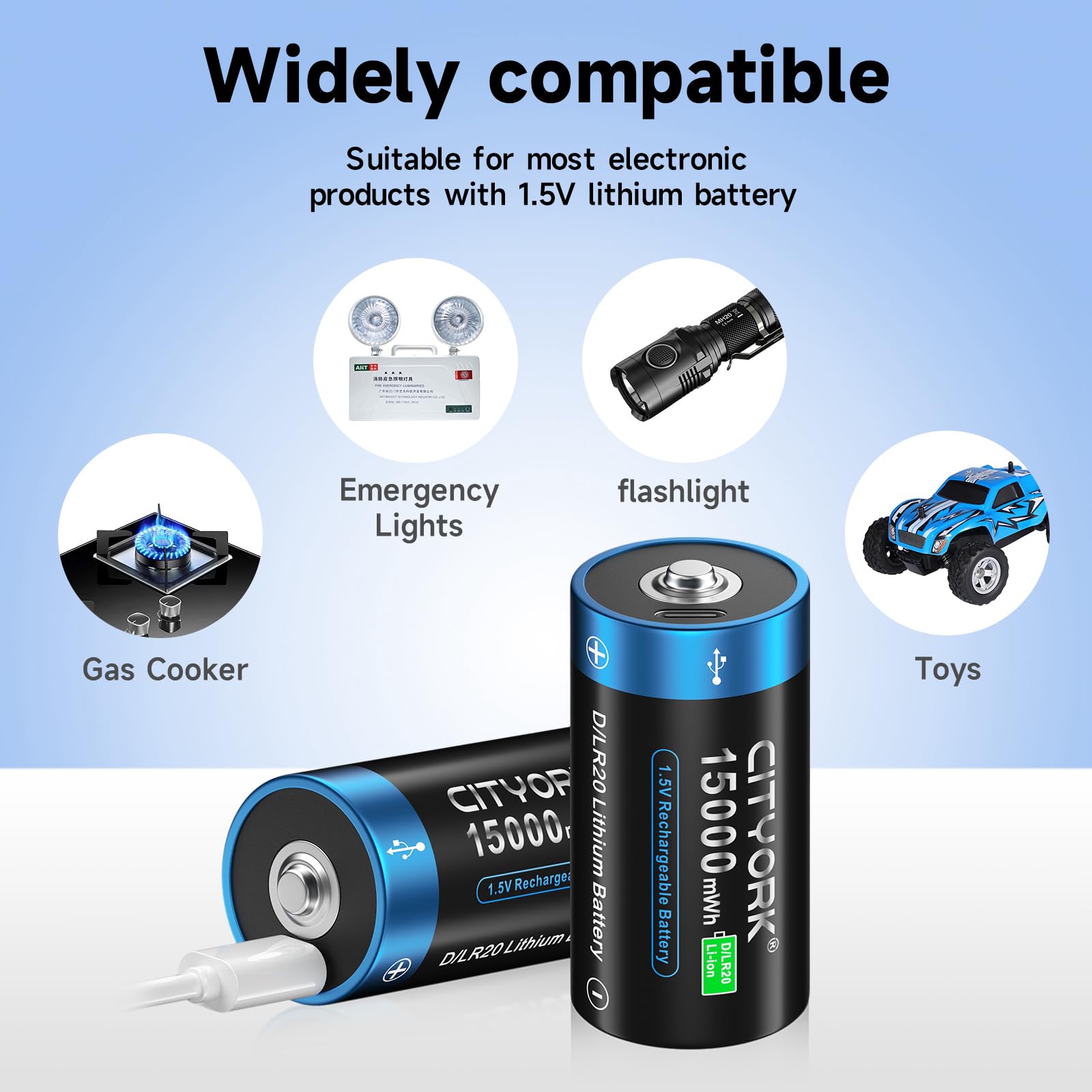 CITYORK 15000mWh 1,5v USB D Akku Wiederaufladbar mit USB-C Ladekabel (8 Stück), Lithium-Ionen Aufladbare USB D Batterie, Mono D LR20 Akku Zellen, über 1000 Zyklen und Recycelbar - Ohne Speicher Effekt