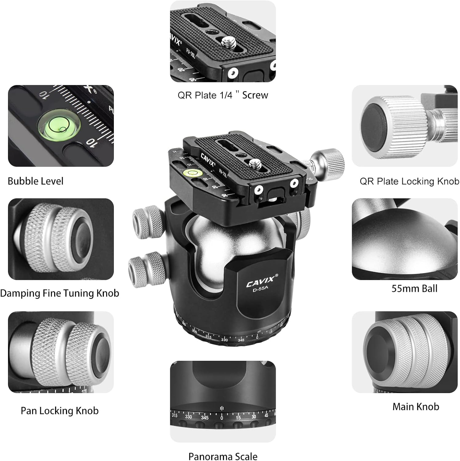 55mm Ball Head, CAVIX Low Profile Ball Head Heavy Duty 360 Degree Tripod Head, Aluminum Alloy Mount for Tripod with Two 1/4'' Quick Release Plates, Max Load 88.18lbs/40kg
