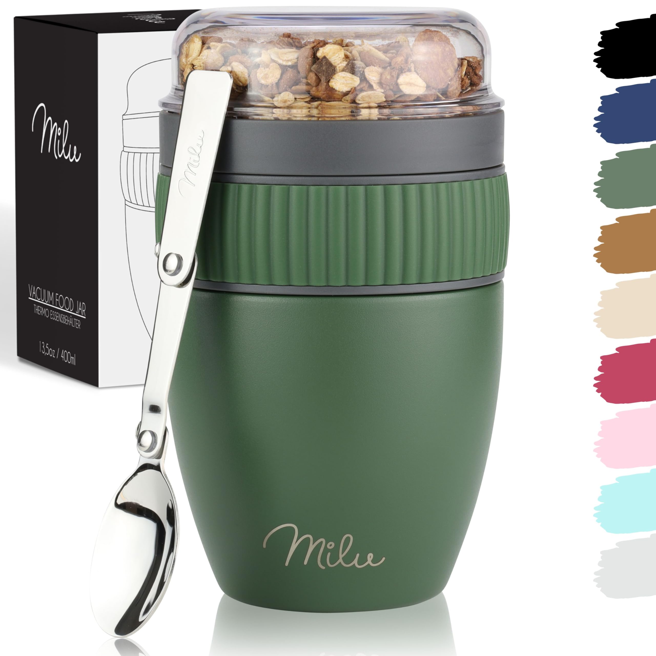 Milu Olive Green Cereal Cup To Go 400Ml I Insulated Yoghurt Cup For Muesli I Leak-Proof Cup With Spoon For Yoghurt/Porridge (Olive Green)