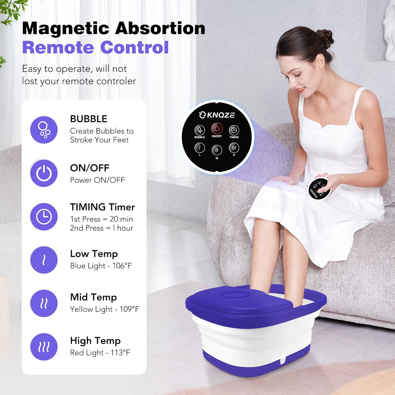 KNQZE Collapsible Foot Spa with Heat, Remote Control, Temperature Control, Bubbles, Pumice Stone, Red Light, Timer, 16 Massage Roller Pedicure Foot Bath Tub Foot Soaker for Feet Stress Relief, Purple