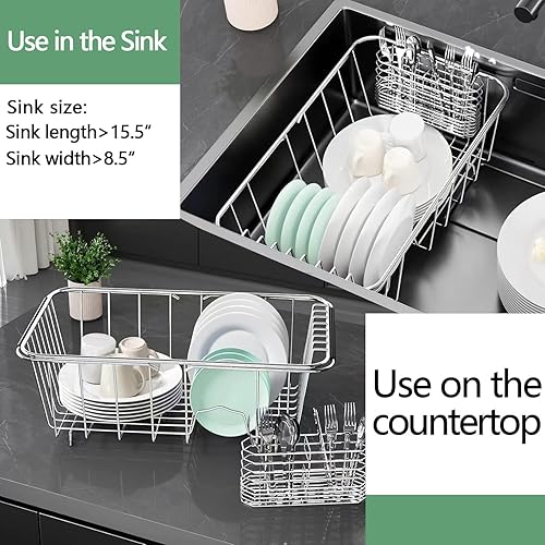 Miniatura 5 de Escurridor de platos pequeño ajustable en el fregadero, organizador expandible de acero inoxidable 304 con soporte para utensilios de acero