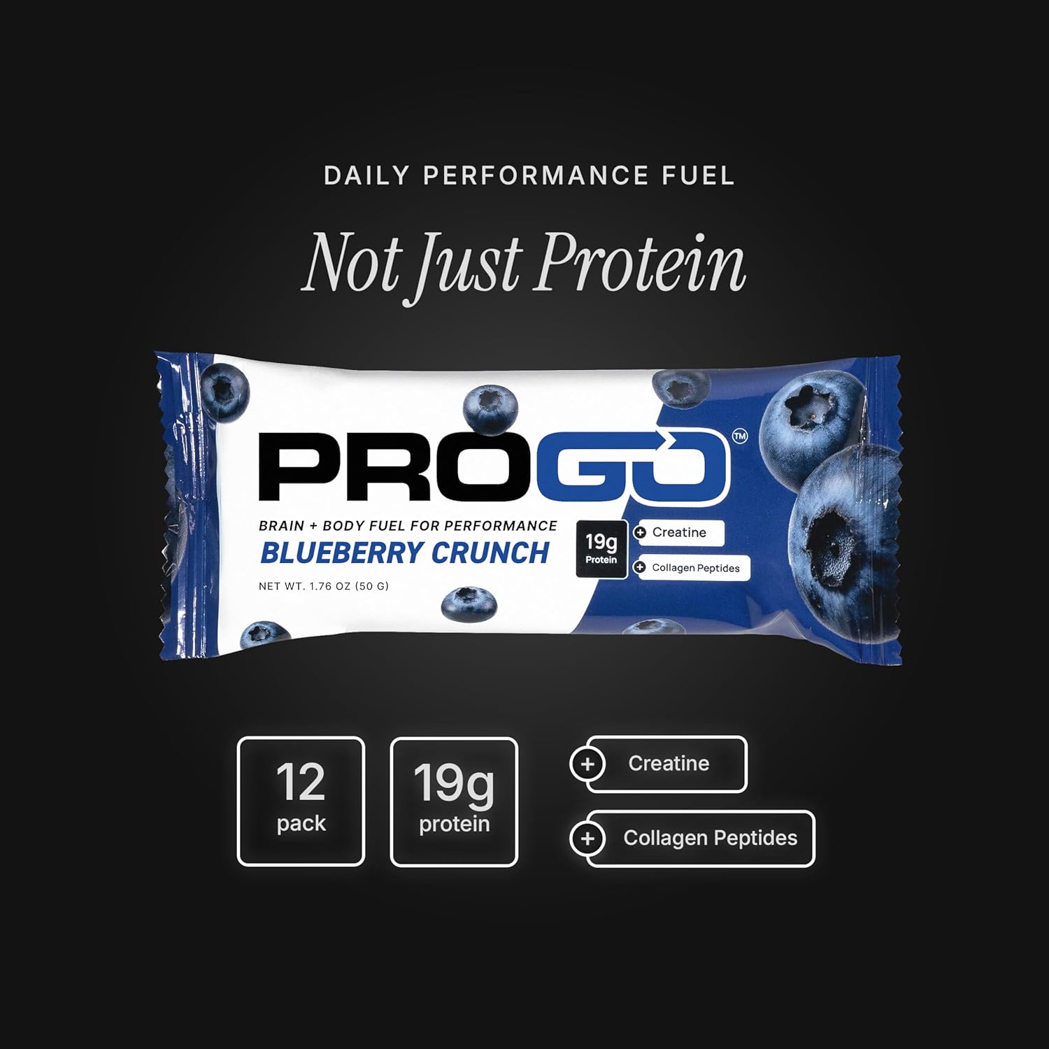 ProGo Protein Bars – Brain + Body Fuel with 19g Clean Protein, Creatine & Collagen Peptides, Made with 95% Pure Isolate, Grass-Fed Beef Tallow, No Fillers, Naturally Sweetened with Honey, Gluten-Free (12-Count, Blueberry Crunch)