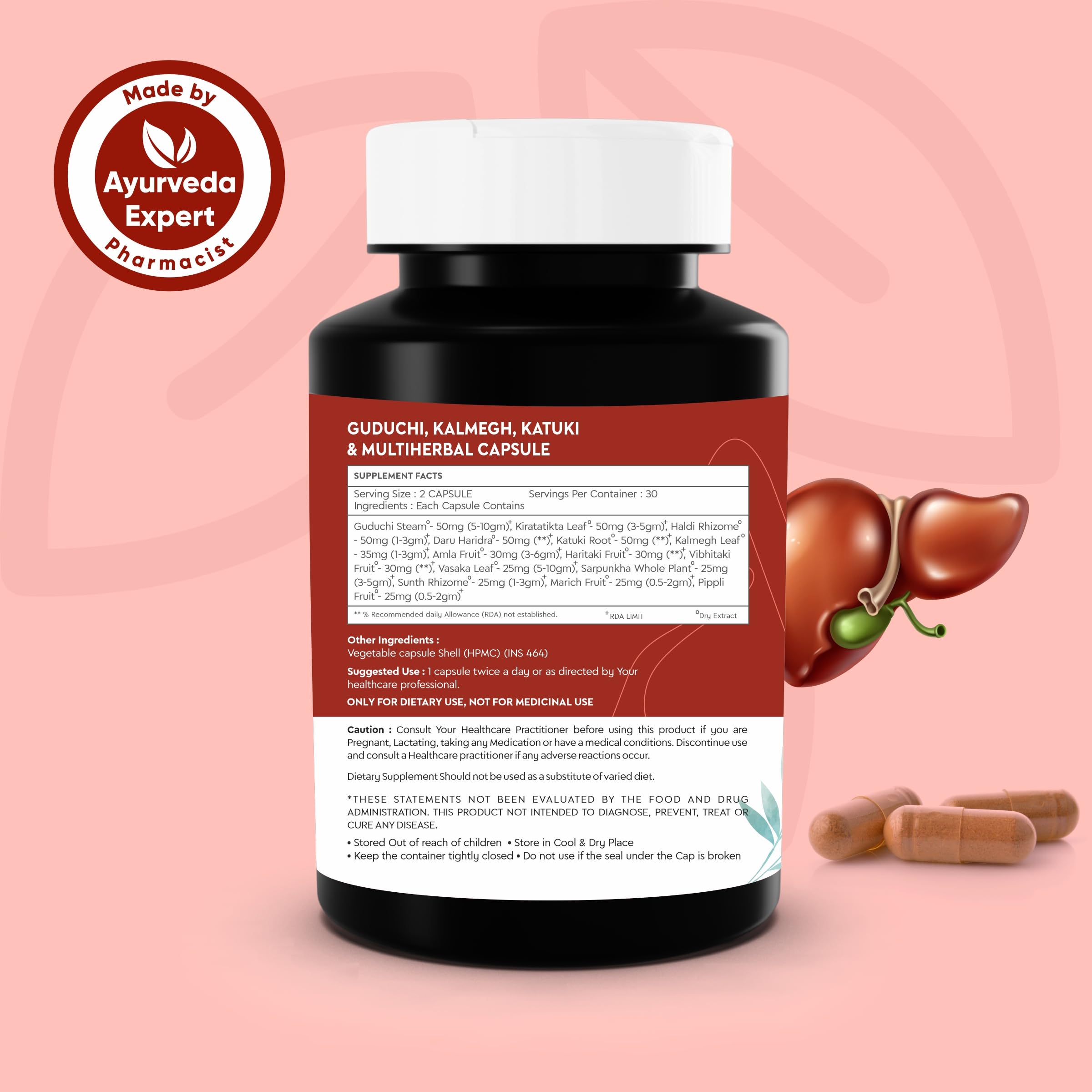 Ayuearth Liver Care Capsule 500 mg | Liver Detox | Guduchi, Kalmegh, Katuki & Multi Herbal Capsule | Promotes Liver Health | Support Fatty Liver | Improves Digestion | 60 Vegetarian Capsules 1
