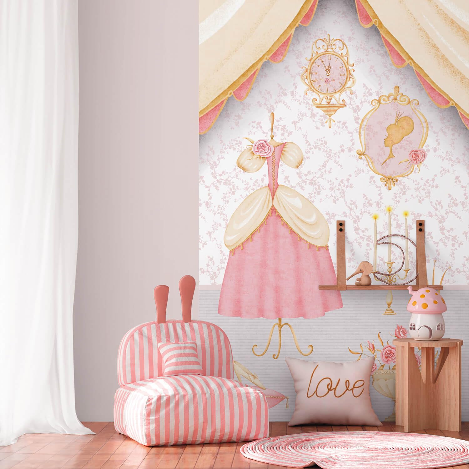 Papel pintado infantil de alta gama en tejido no tejido crema y oro