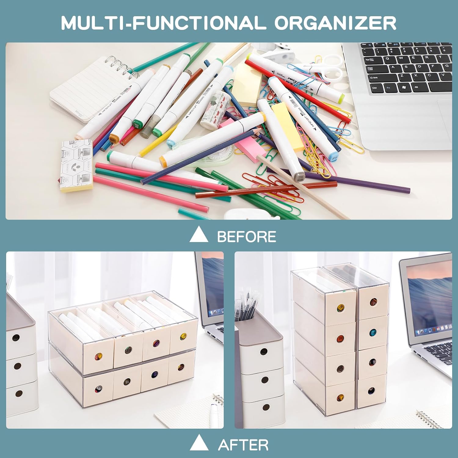 Yesesion 2 Pack Plastic Desk Organizer with 4 Drawers, Stackable Home Office Storage Box, Large Desk Accessories Display Case for School Supplies, Art Crafts, Marker, Crayon, Clamps Holder (Beige)