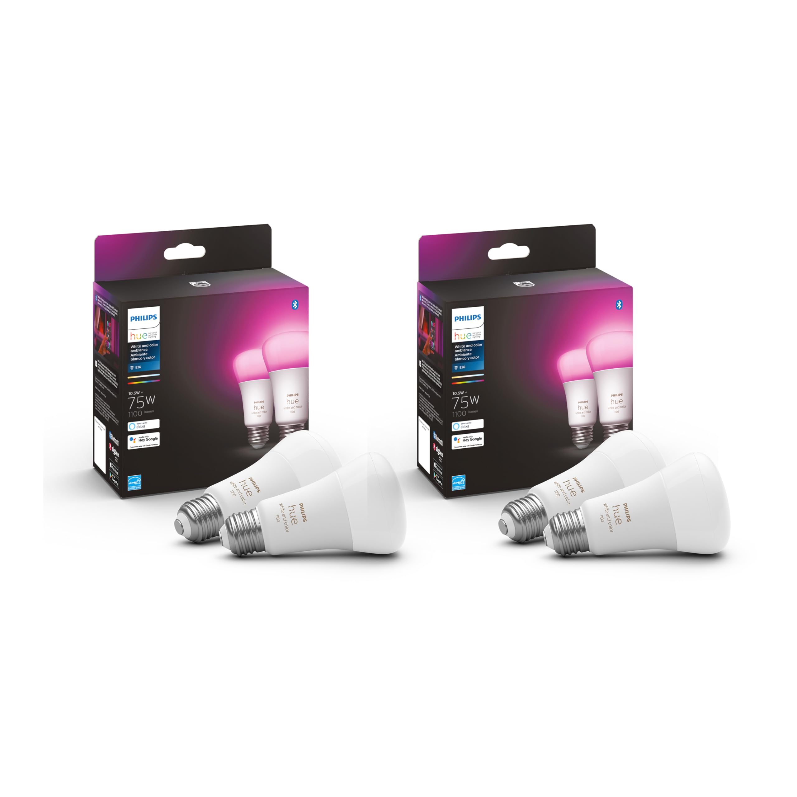 Philips Hue Smart 75W A19 LED Bulb - White and Color Ambiance Color-Changing Light - 4 Pack - 1100LM - E26 - Indoor - Control with Hue App - Compatible with Alexa, Google Assistant and Apple Homekit Original 75W 4-Pack