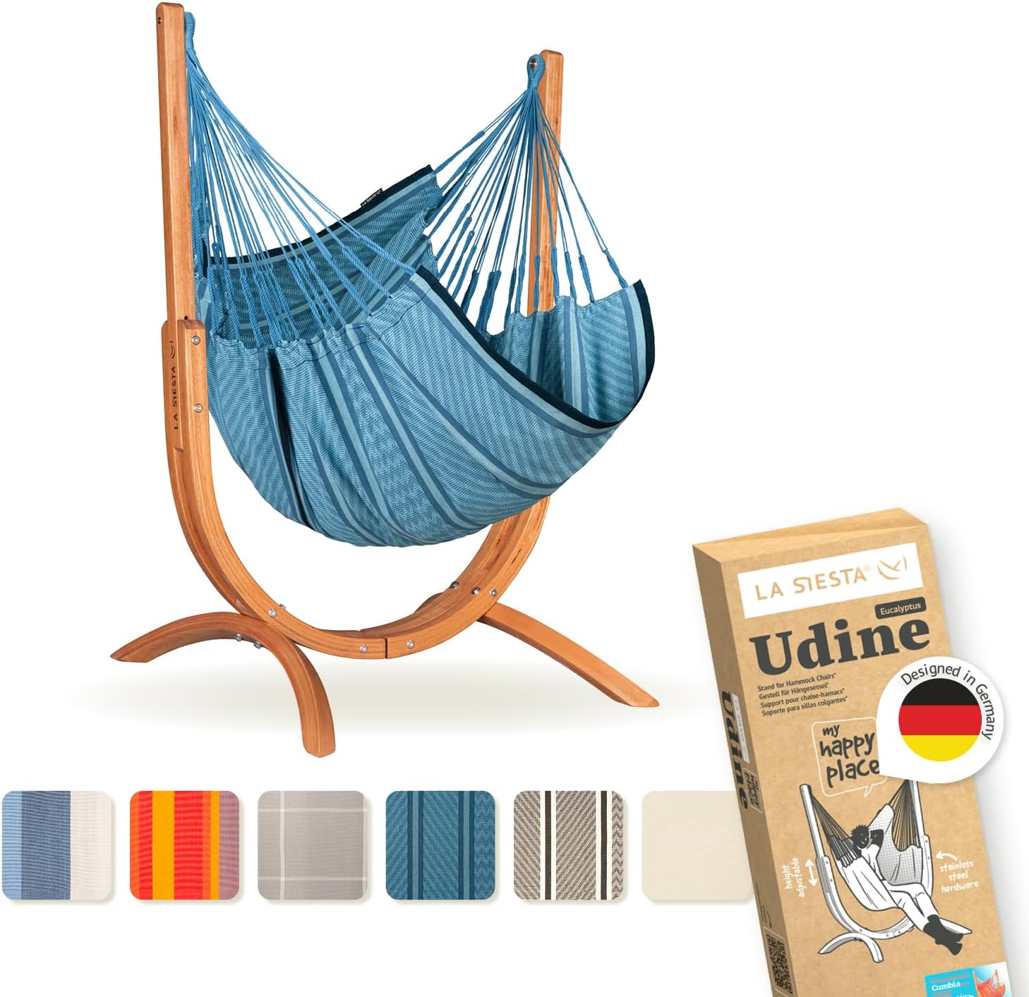 LA SIESTA Udine Organic Outdoor Hammock Chair and Stand (W 115 cm) (Blue Zebra)