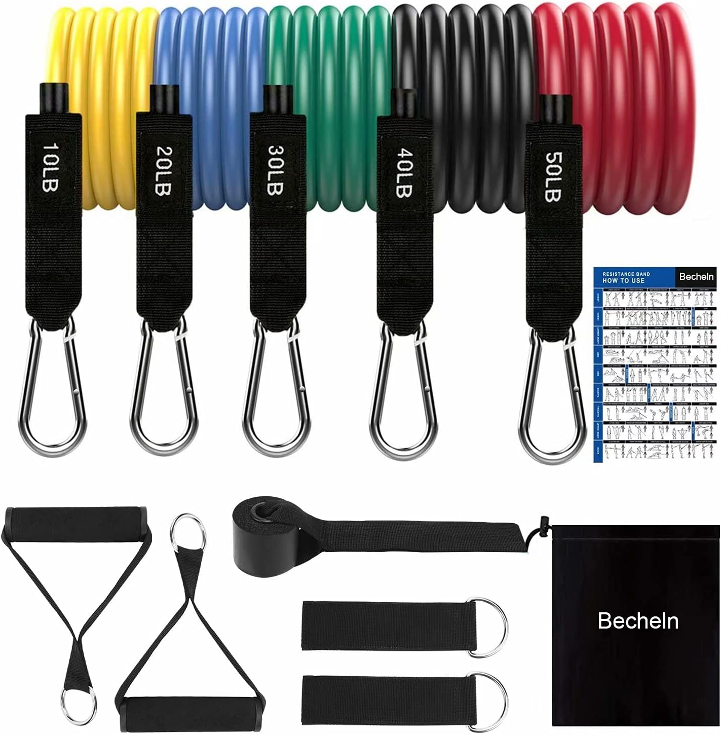 Becheln Resistance Bands Set, Exercise Bands with Handles, Training Tubes with Door Anchor & Ankle Straps for Resistance Training, Physical Therapy, Home Workout, Stackable up to 150 lb